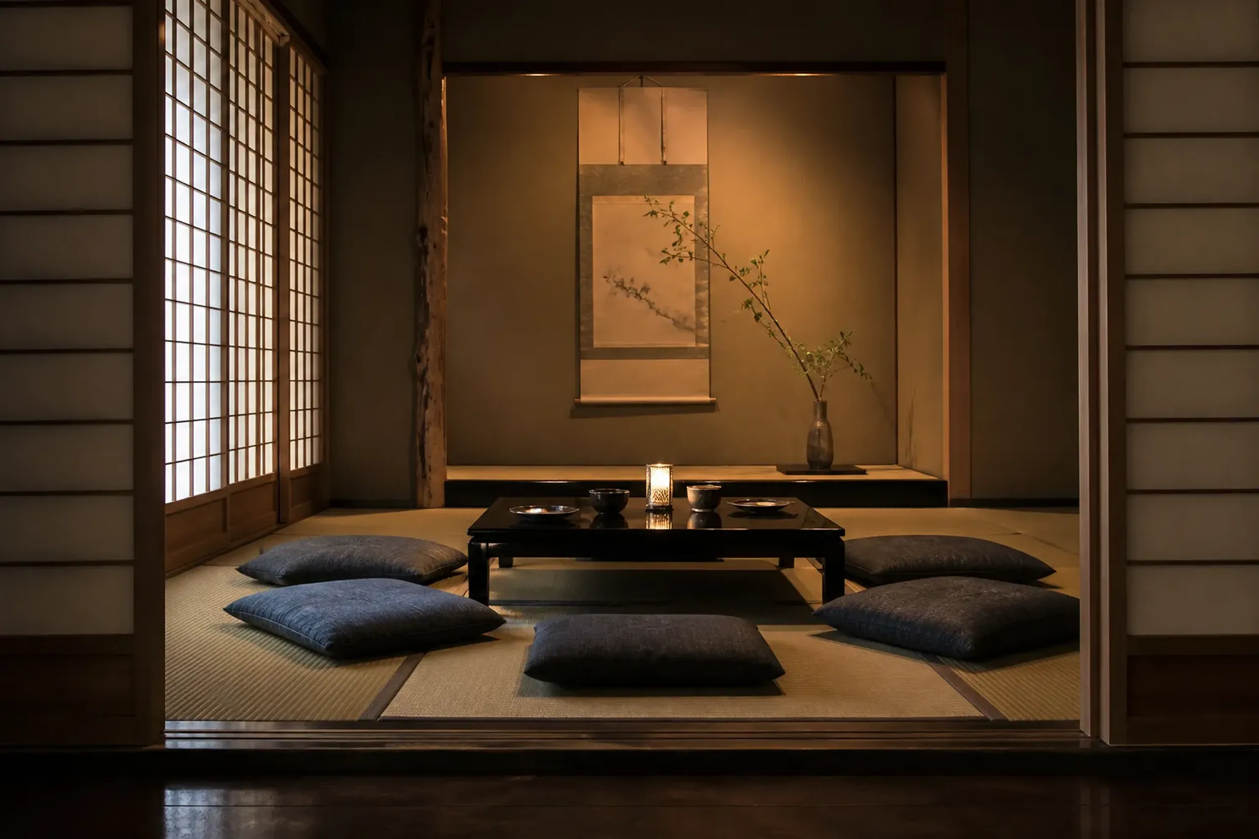 Traditional tatami room set for a private cultural salon with zabuton cushions and tokonoma alcove