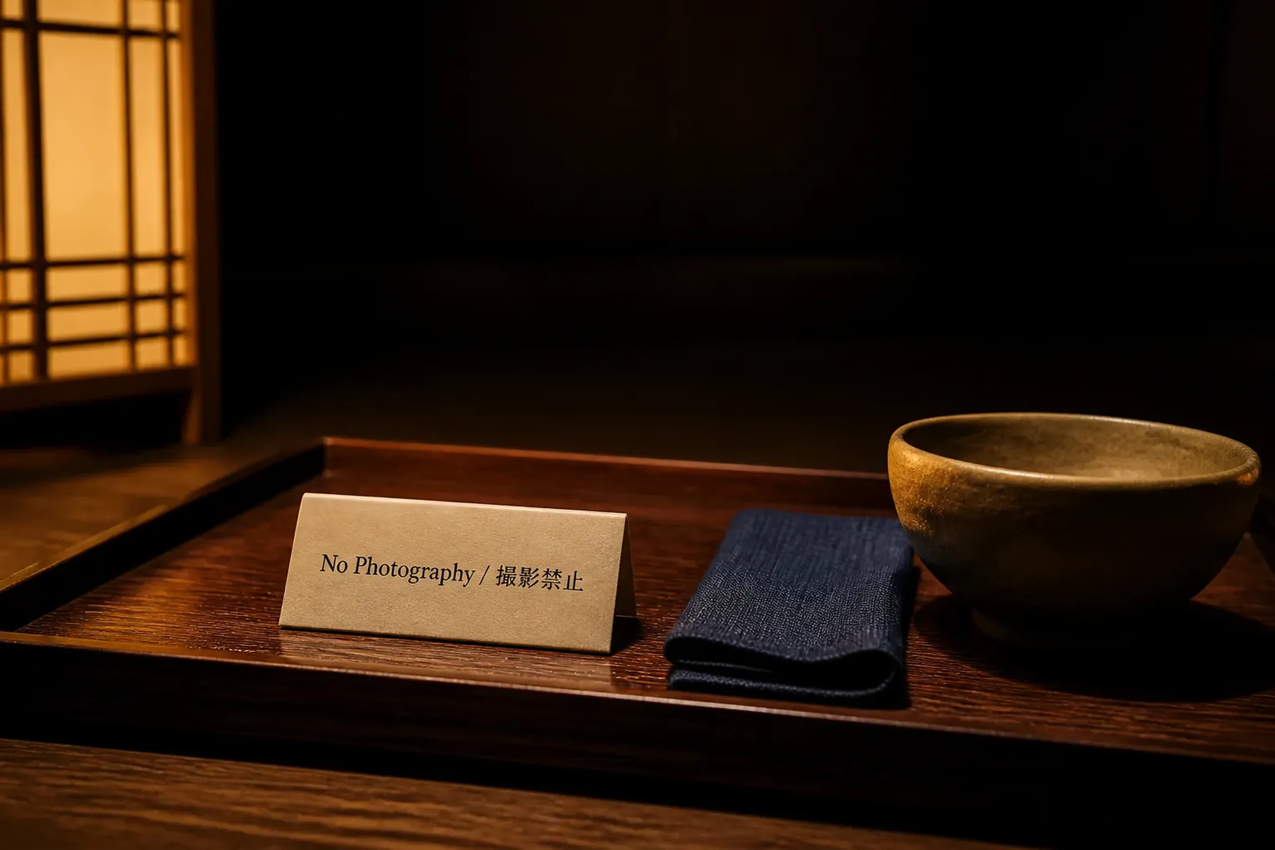 No photography notice placed on a low table in a private Japanese room setting
