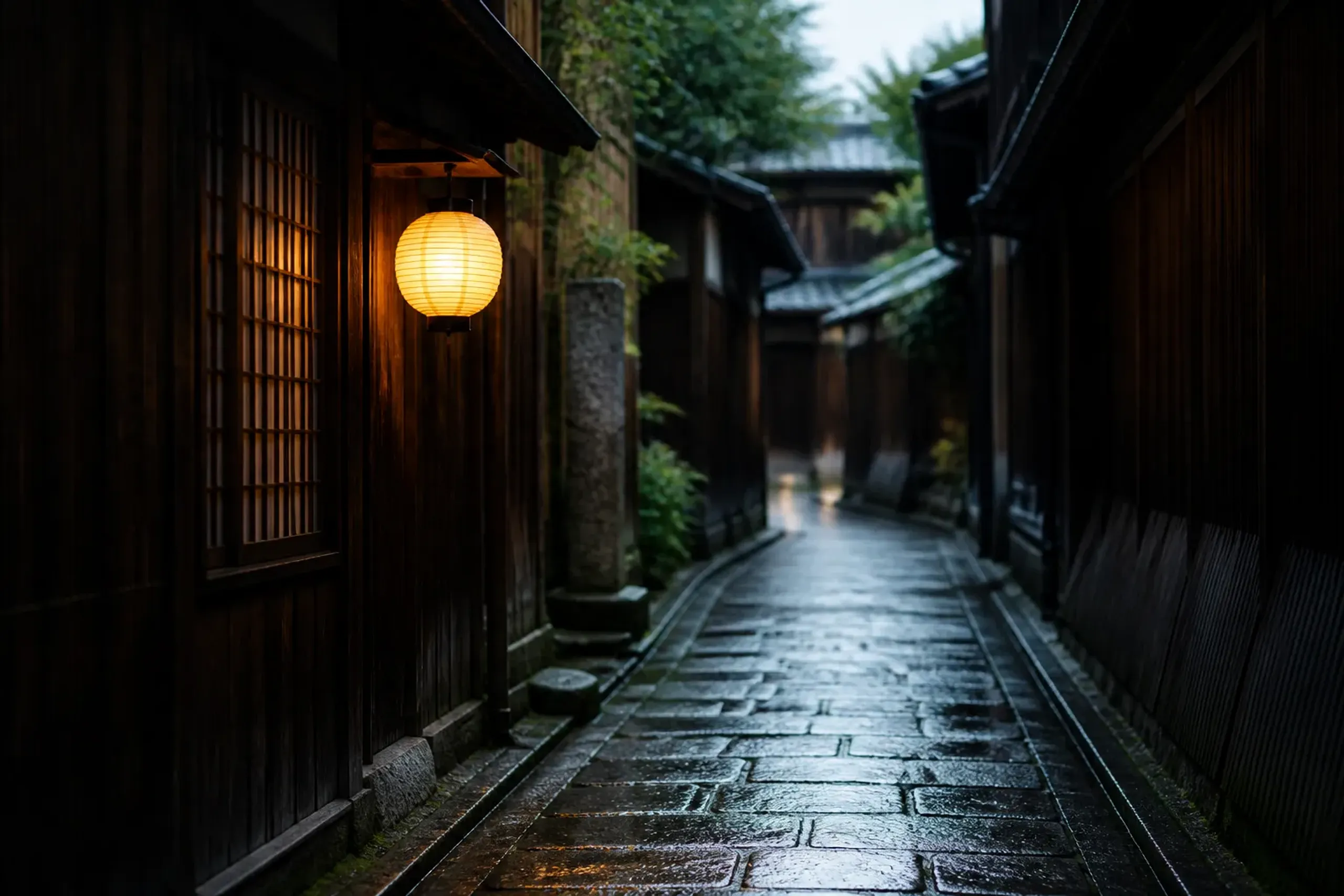 A calm side lane in Kyoto’s Gion district at dusk with wooden facades and lanterns