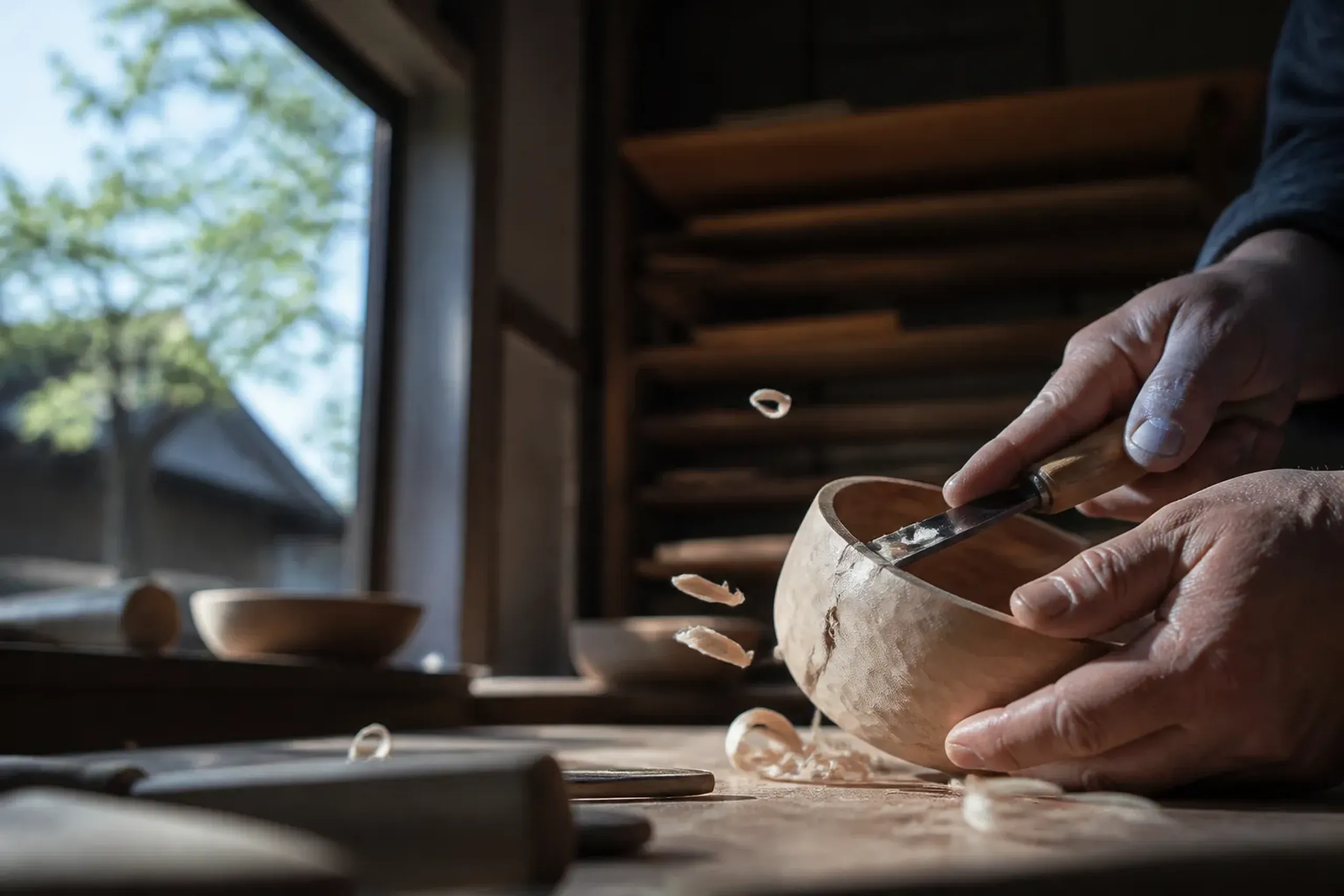 Japanese artisan shaping a piece by hand in a quiet workshop with natural light