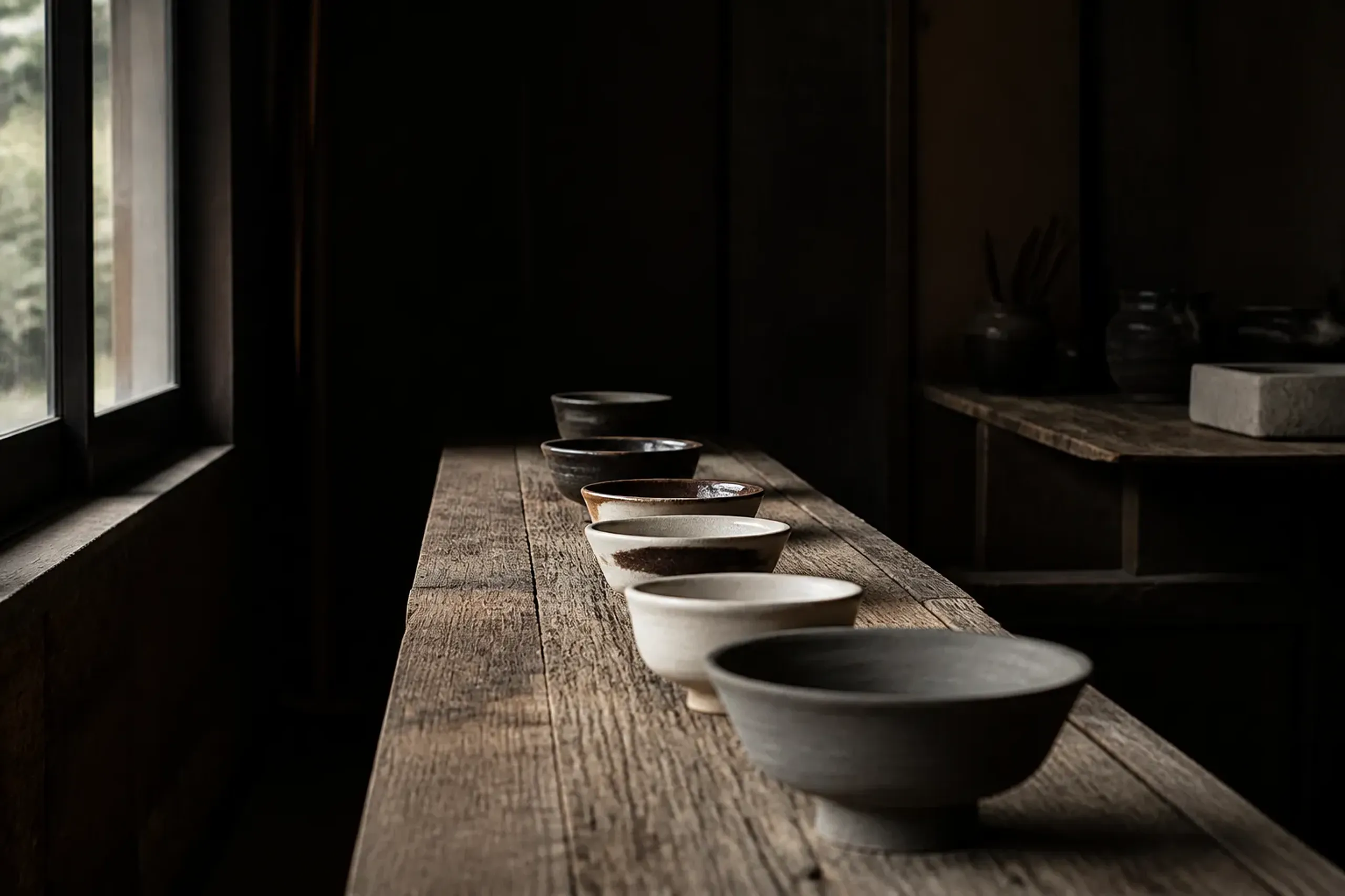 Handmade pieces at various stages of production resting on drying racks in a Japanese atelier