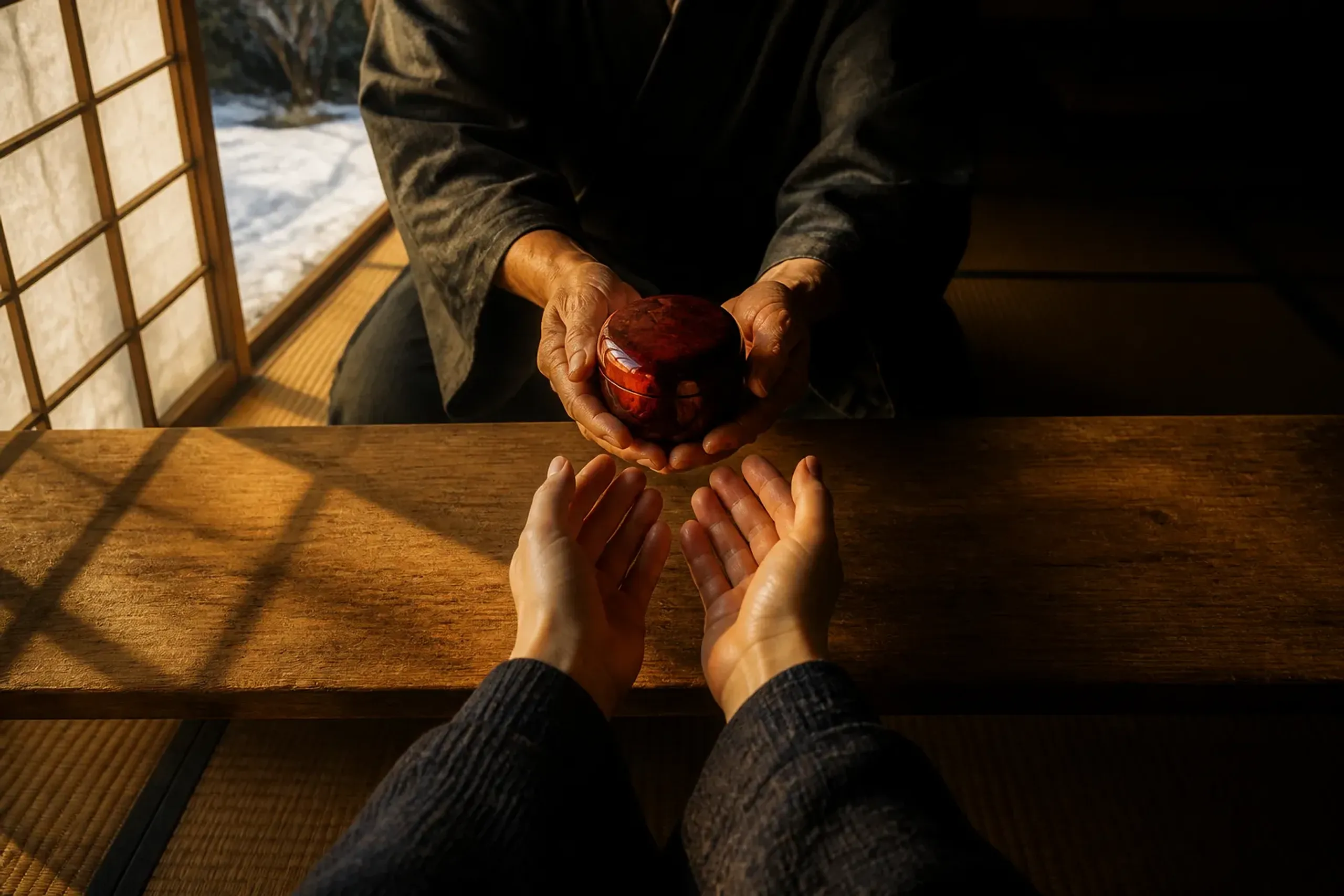 An artisan presenting a finished commissioned piece to a visitor in a tatami room