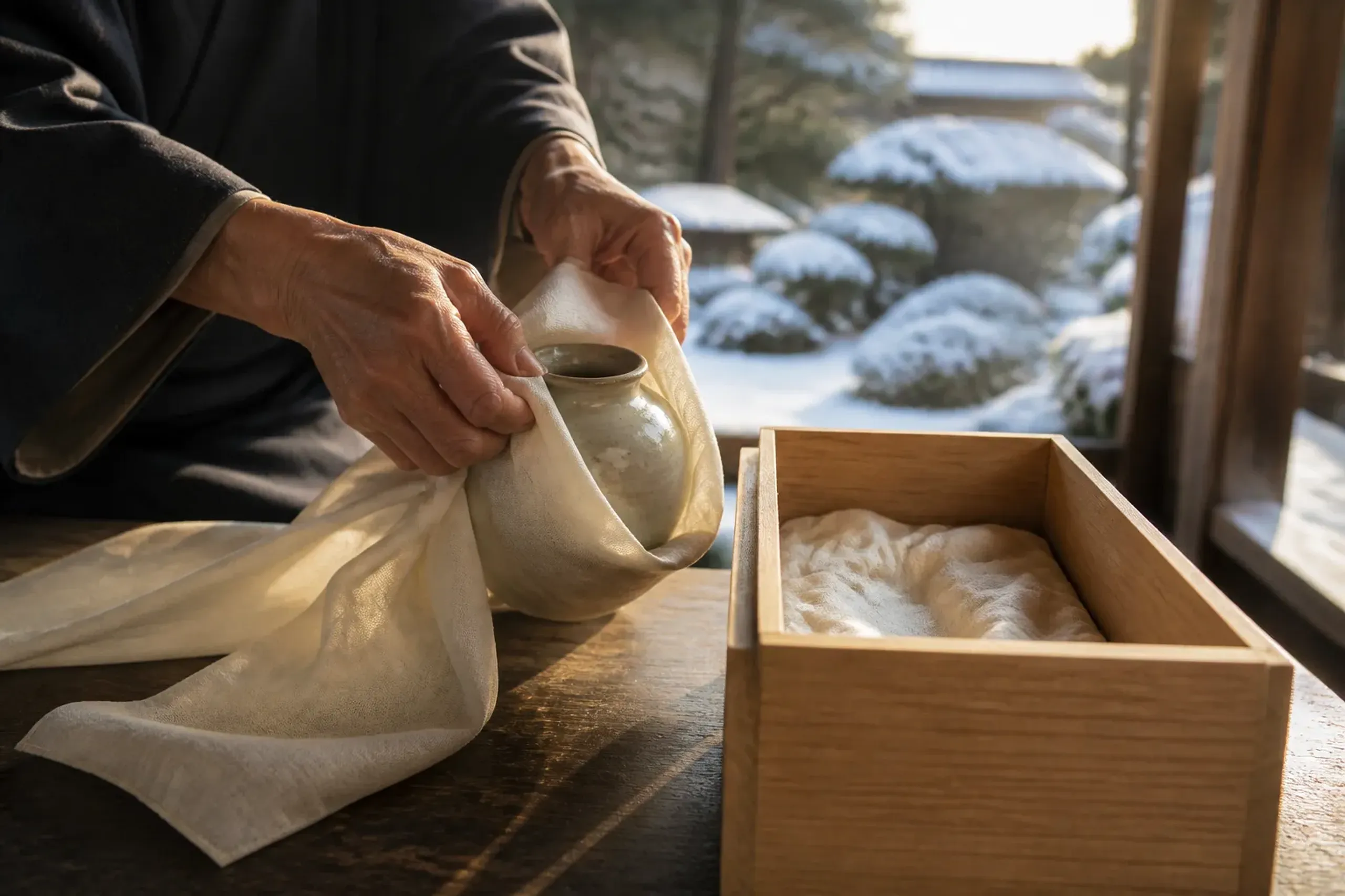 A fragile commissioned Japanese craft piece being carefully packed in a fitted box for shipping