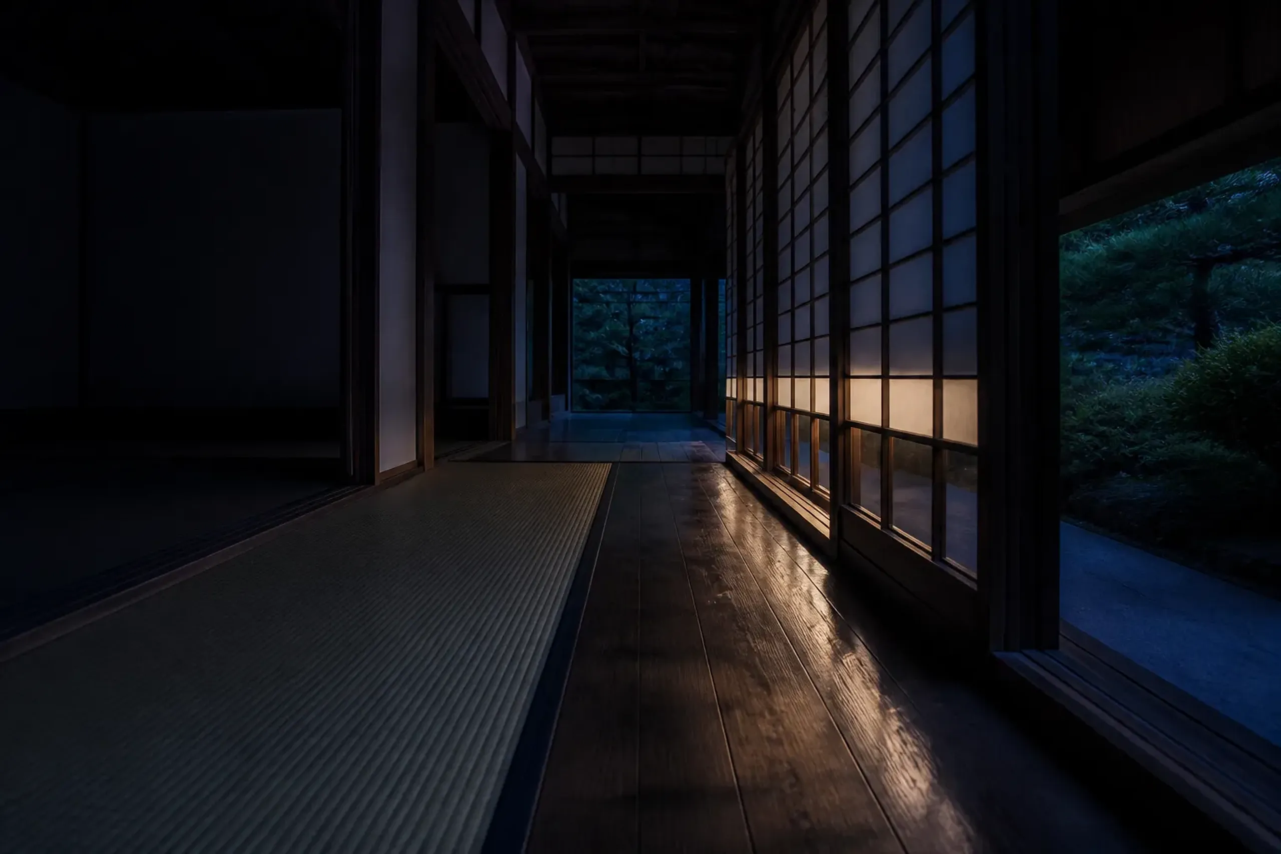 Dim wooden corridor with shoji screens in Kyoto, empty and quiet