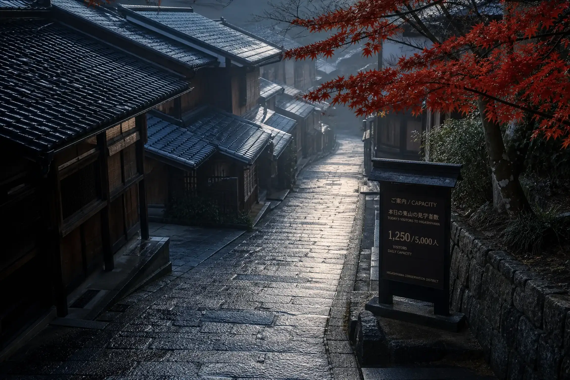 A narrow stone-paved lane in Kyoto's Higashiyama district at dawn, empty of crowds, with traditional wooden machiya townhouses and a discreet visitor-capacity notice board beside the path