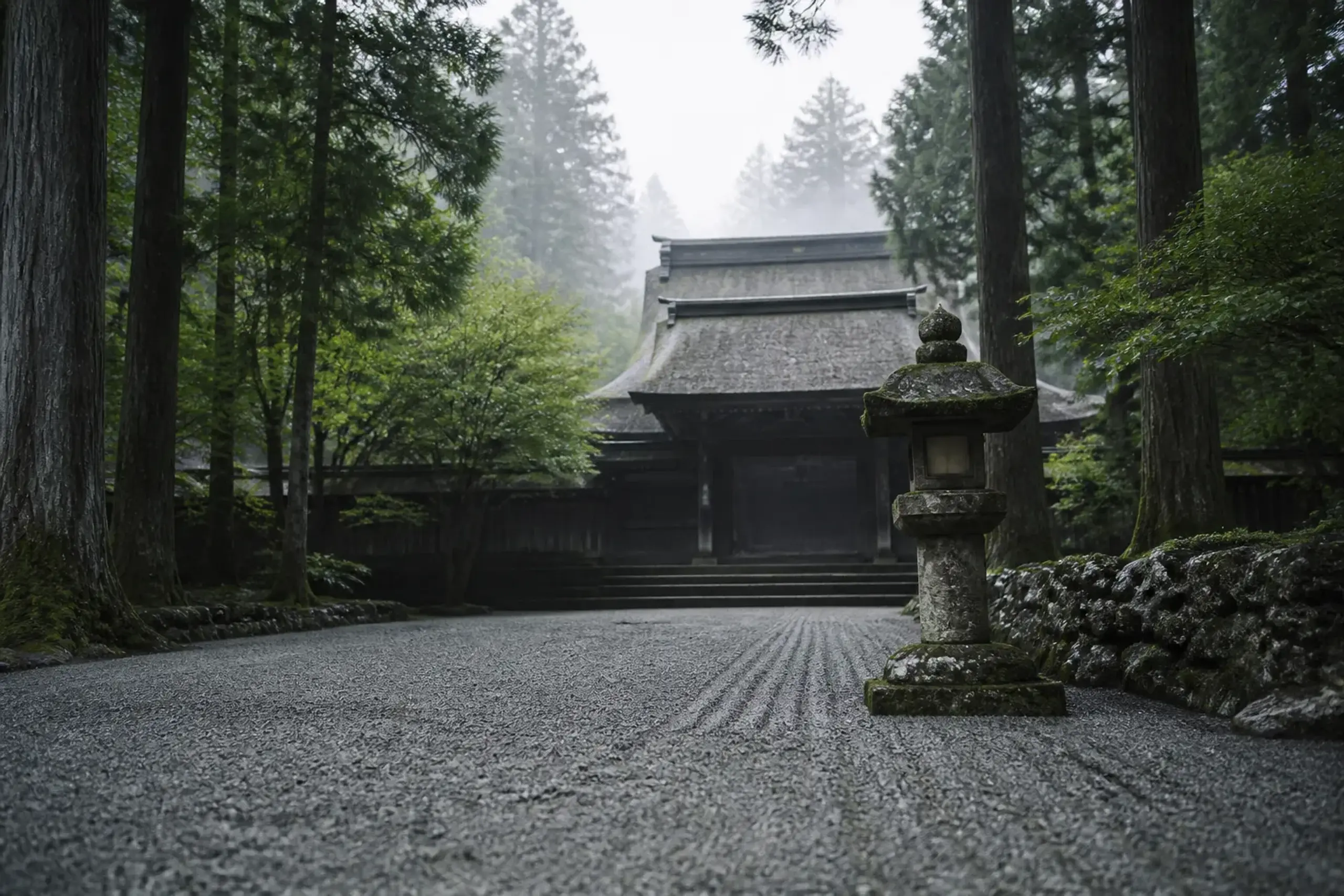 Sennyu-ji Temple grounds in Kyoto with stone lanterns and empty gravel path