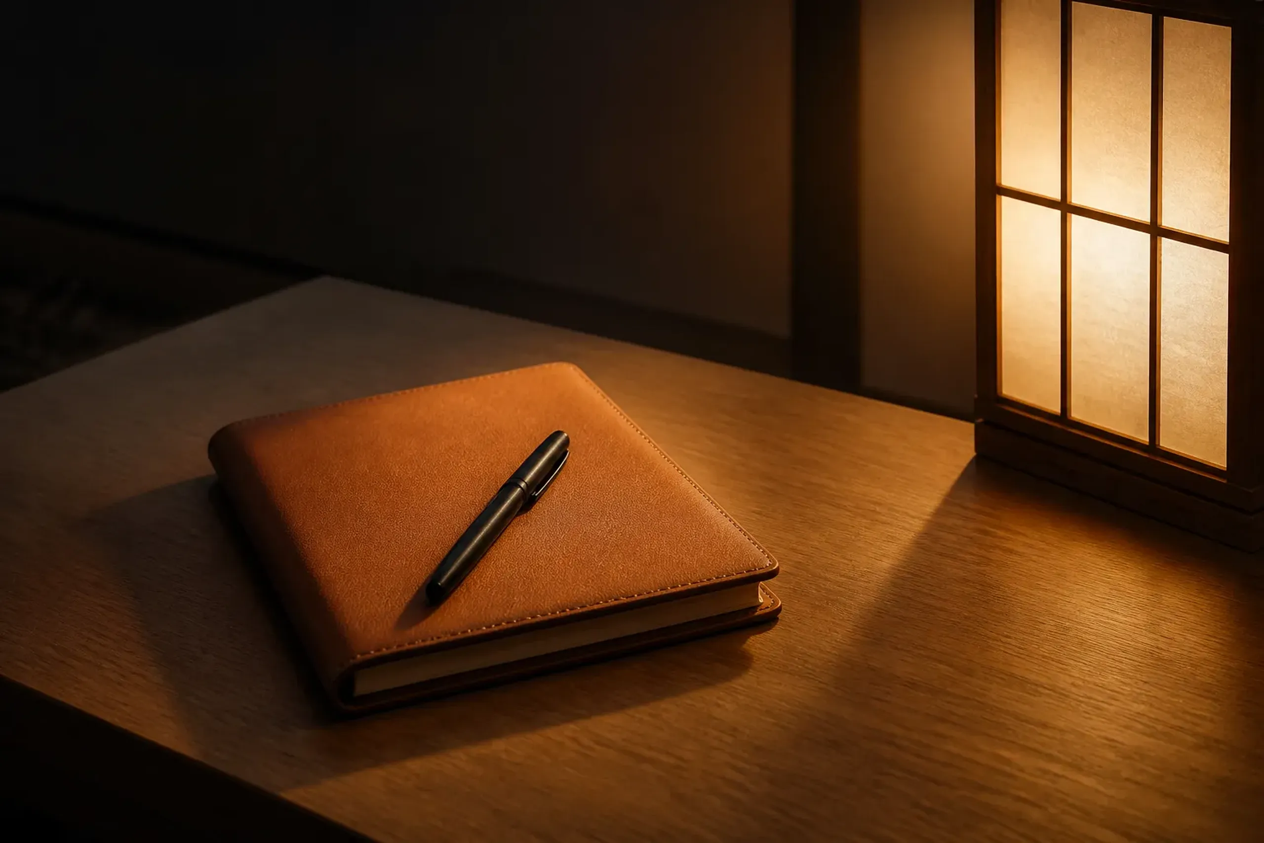 Leather folio and pen on a minimalist hotel desk suggesting confidential travel planning in Japan