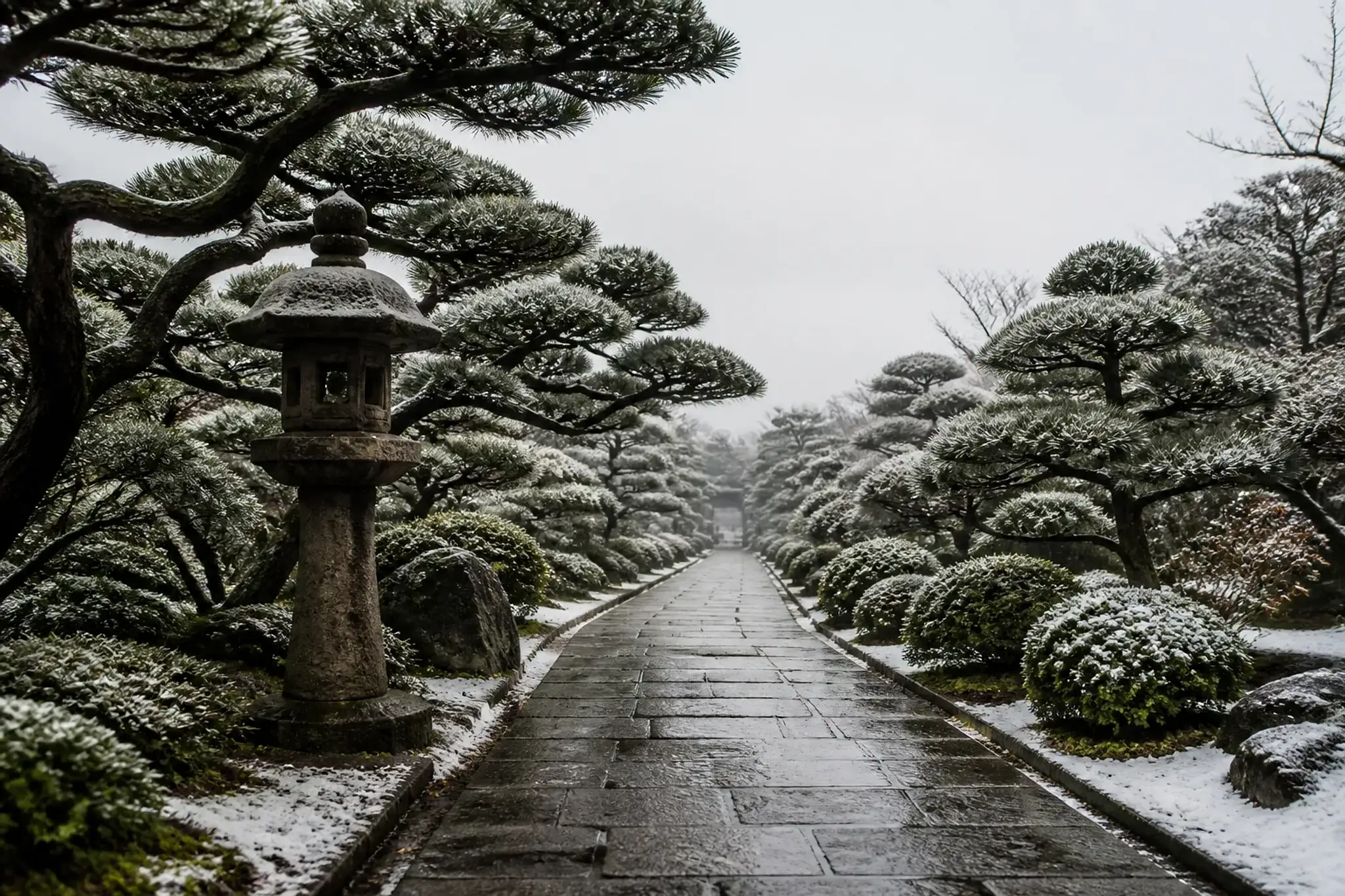 Quiet Japanese garden pathway with stone lanterns and trimmed pines, photographed without people