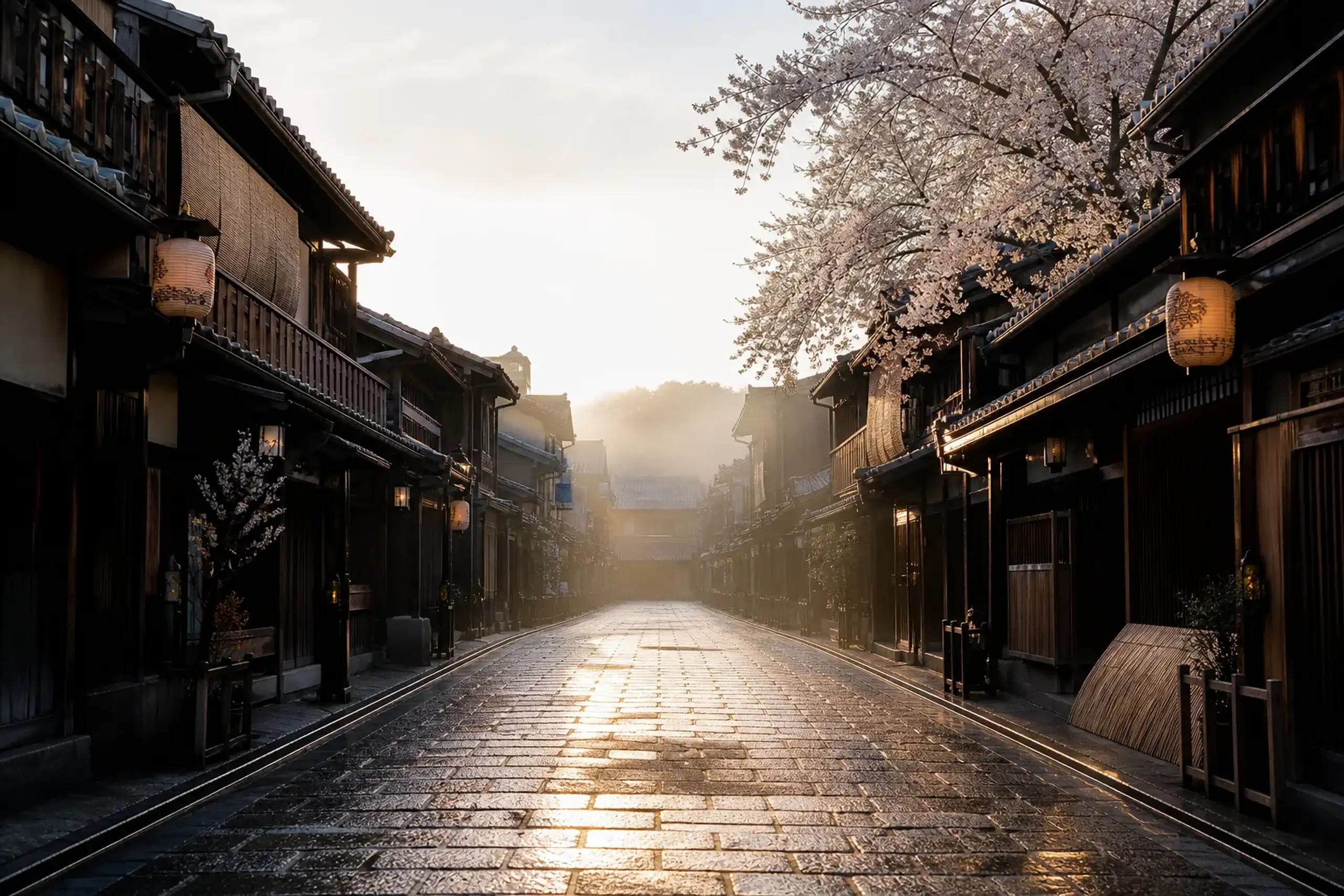Empty stone-paved lane in Kyoto with traditional wooden facades photographed early in the morning