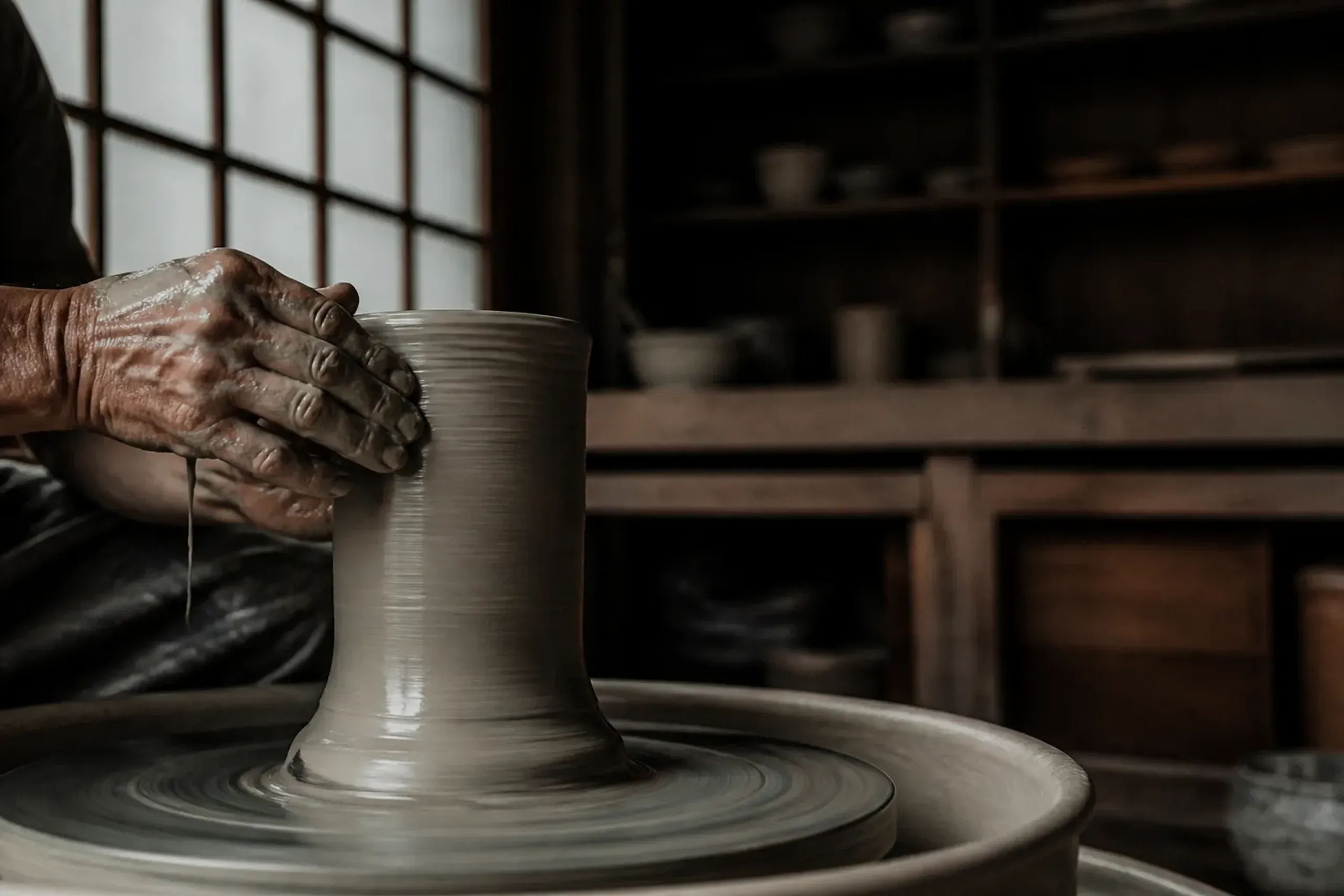 Hands shaping clay on a potter’s wheel in a traditional Japanese workshop with natural light