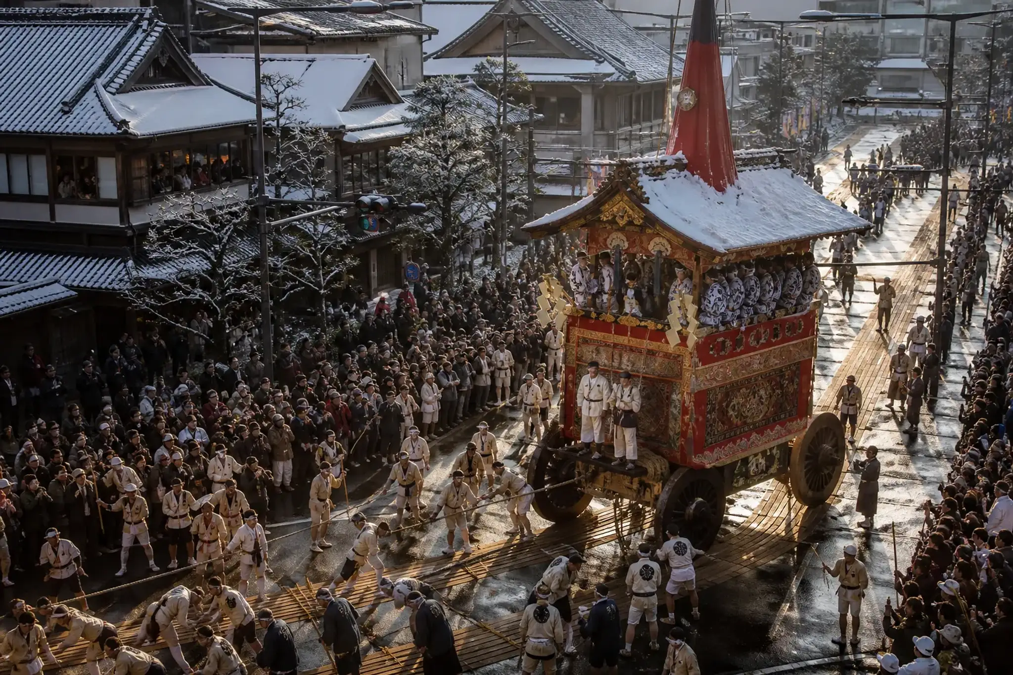 The Gion Matsuri festival procession of a towering wooden yamaboko float moving through a crowded July street in Kyoto