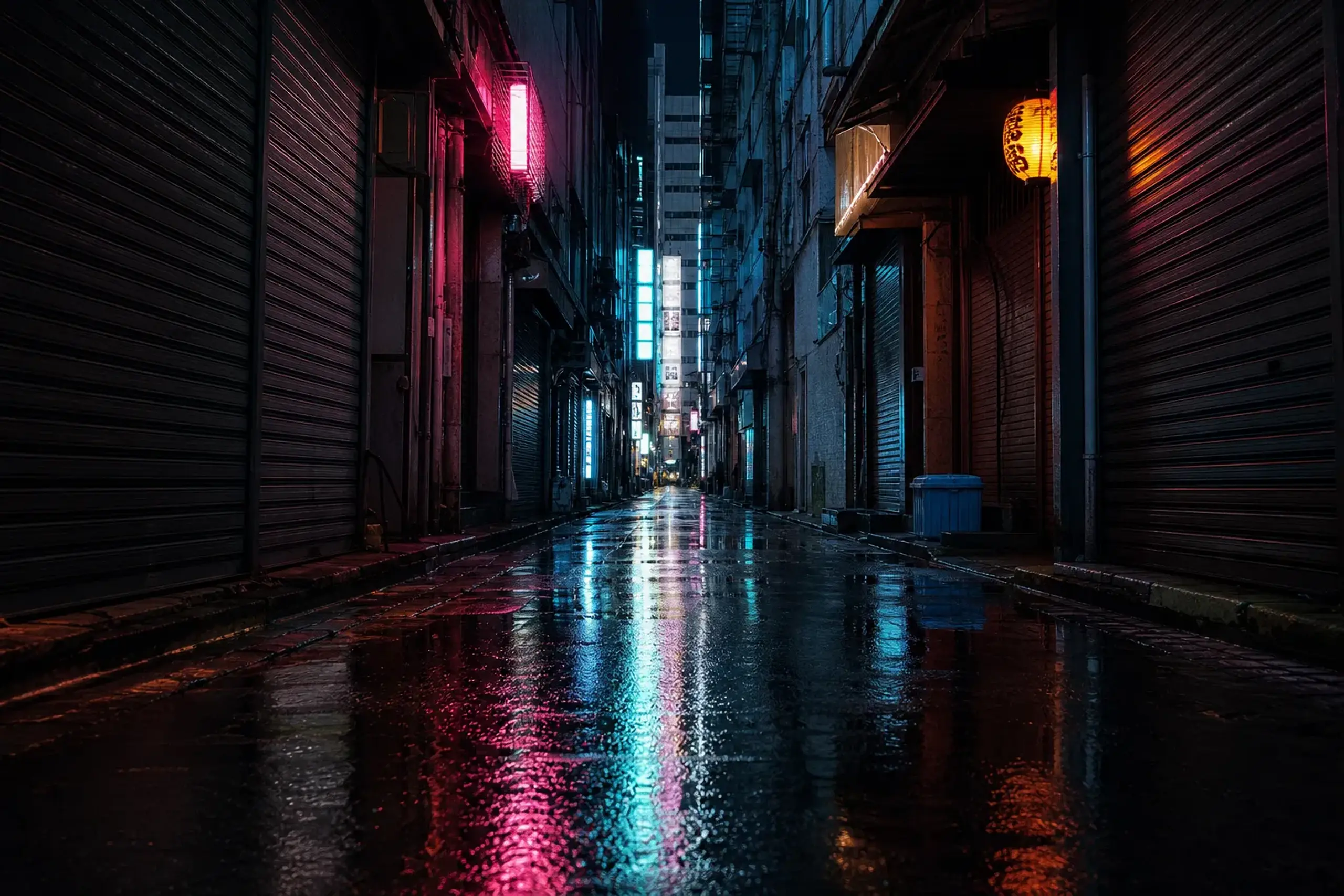 Empty Tokyo nightlife backstreet at night with neon reflections and no people