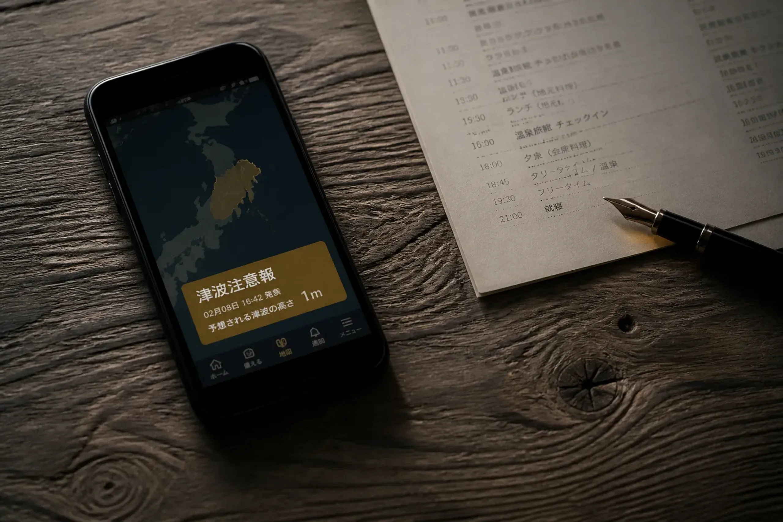 Smartphone showing a Japan safety alert app beside a printed itinerary on a wooden table