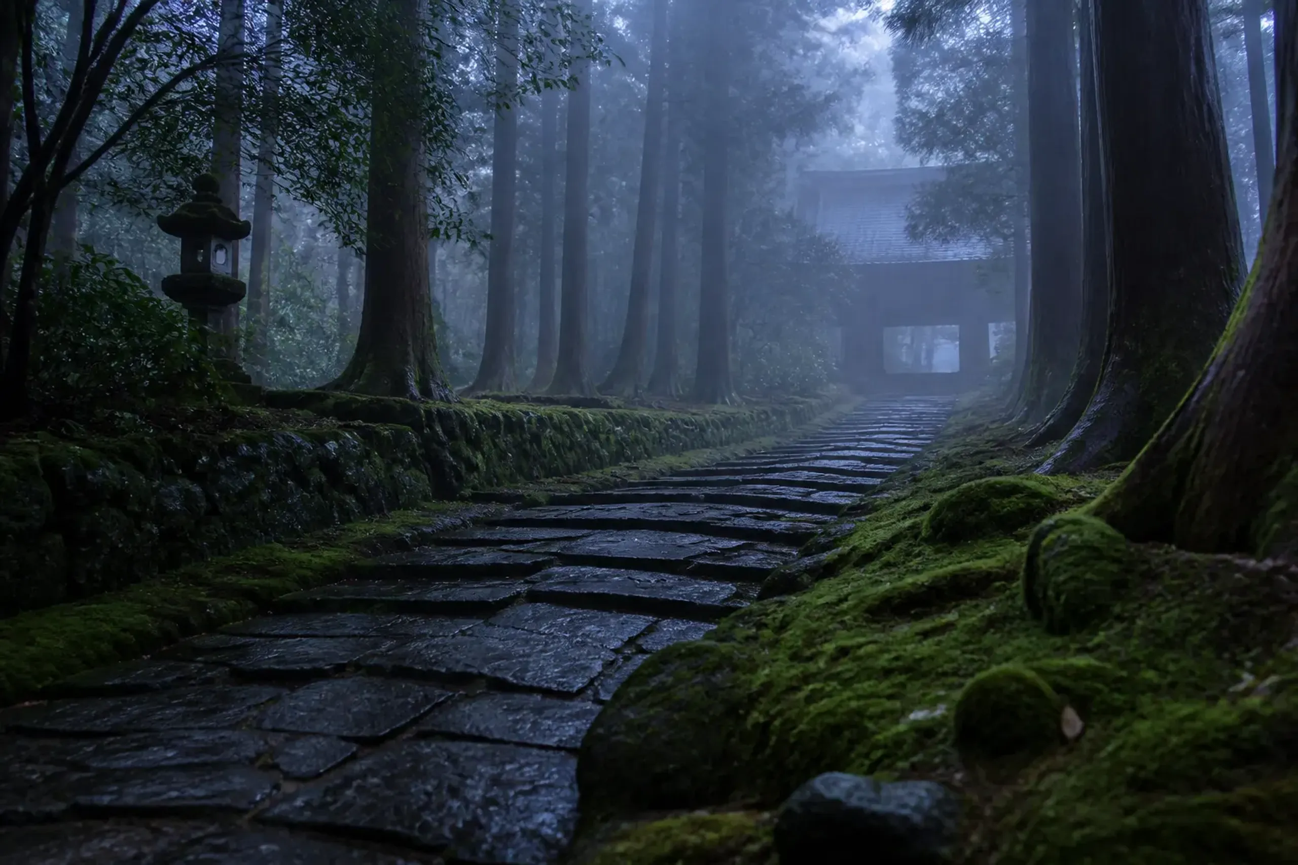 Moss-covered stone path to a Kyoto temple in early morning mist with no visitors