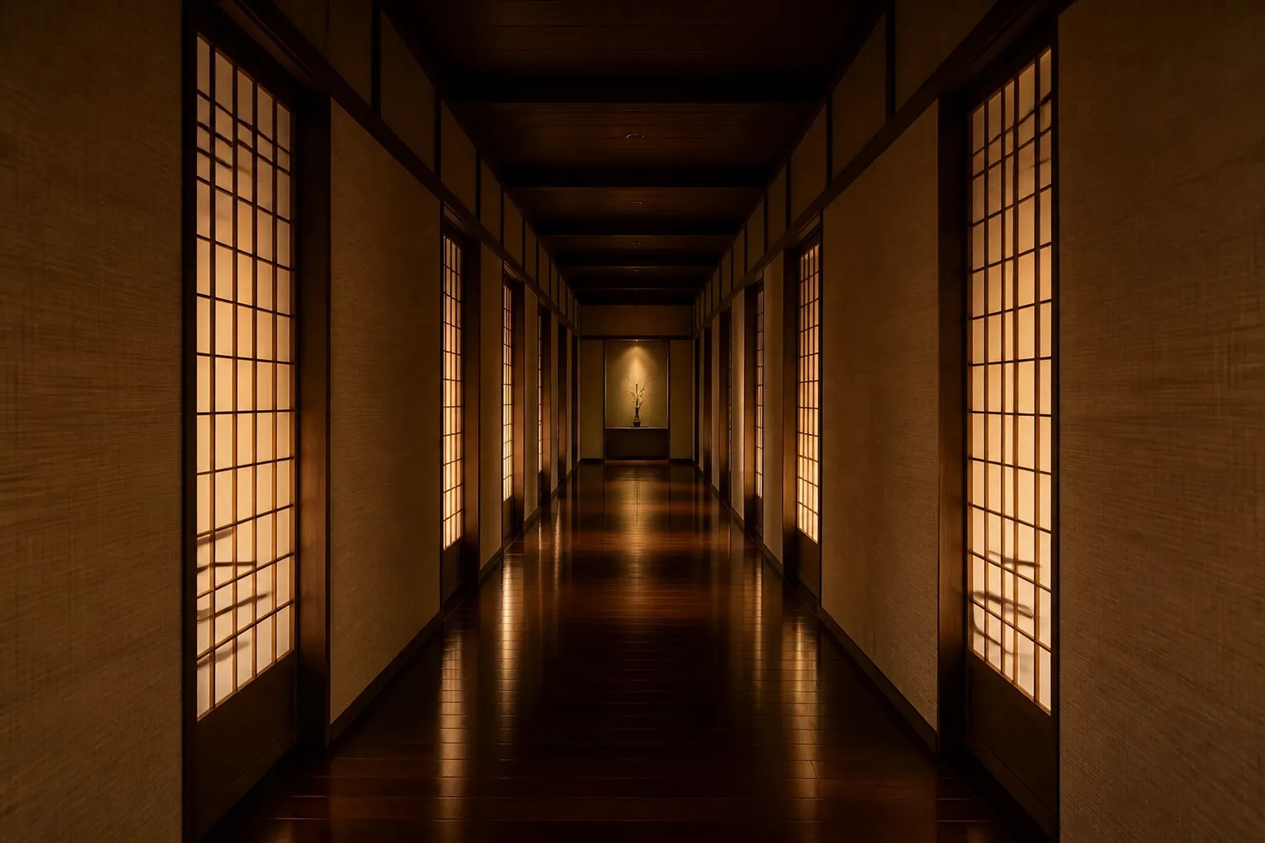 Empty softly lit Japanese luxury hotel corridor with wood and tatami, no people present