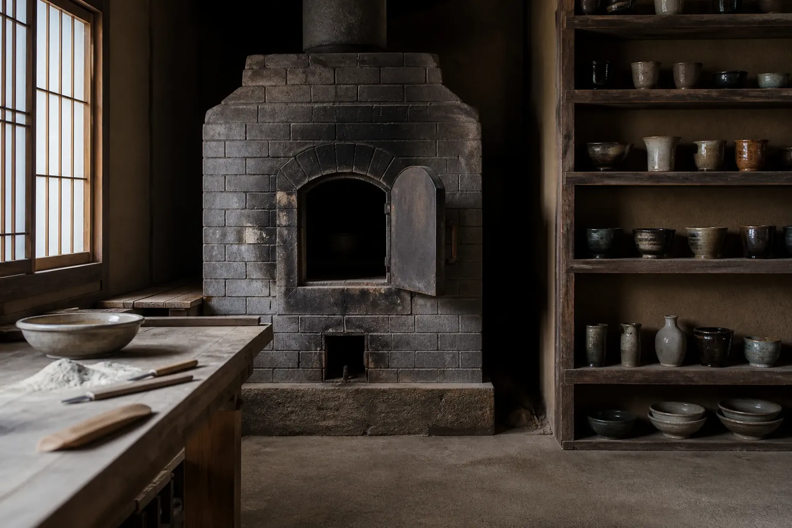 Quiet Japanese pottery atelier with kiln, tools, and ceramics on shelves, no people