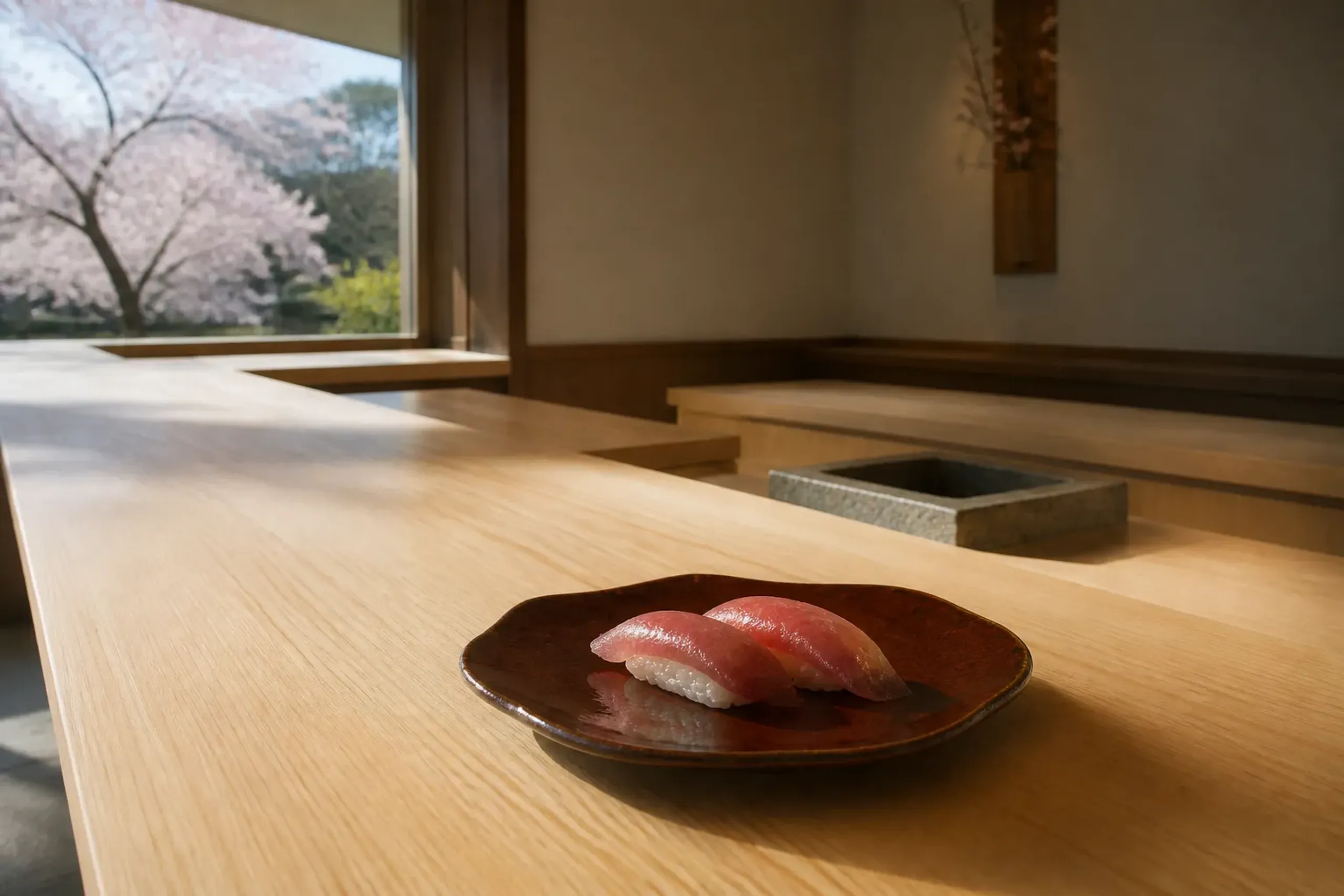 Minimalist hinoki wood sushi counter with a single plate of nigiri and no people