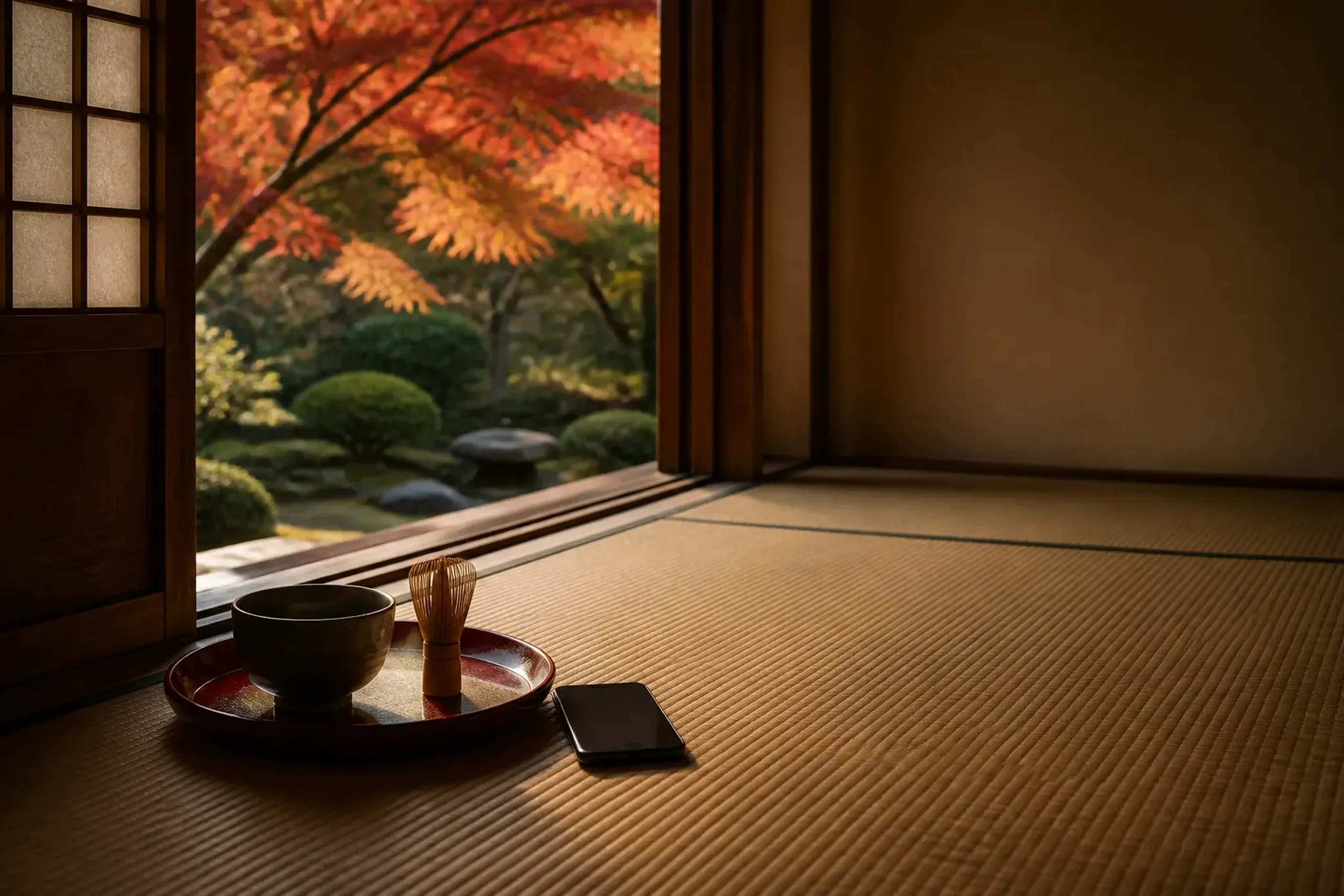 A smartphone held face-down and dark on the tatami floor beside a lacquered ryokan tea tray, screen off, in the soft light of a private guest room