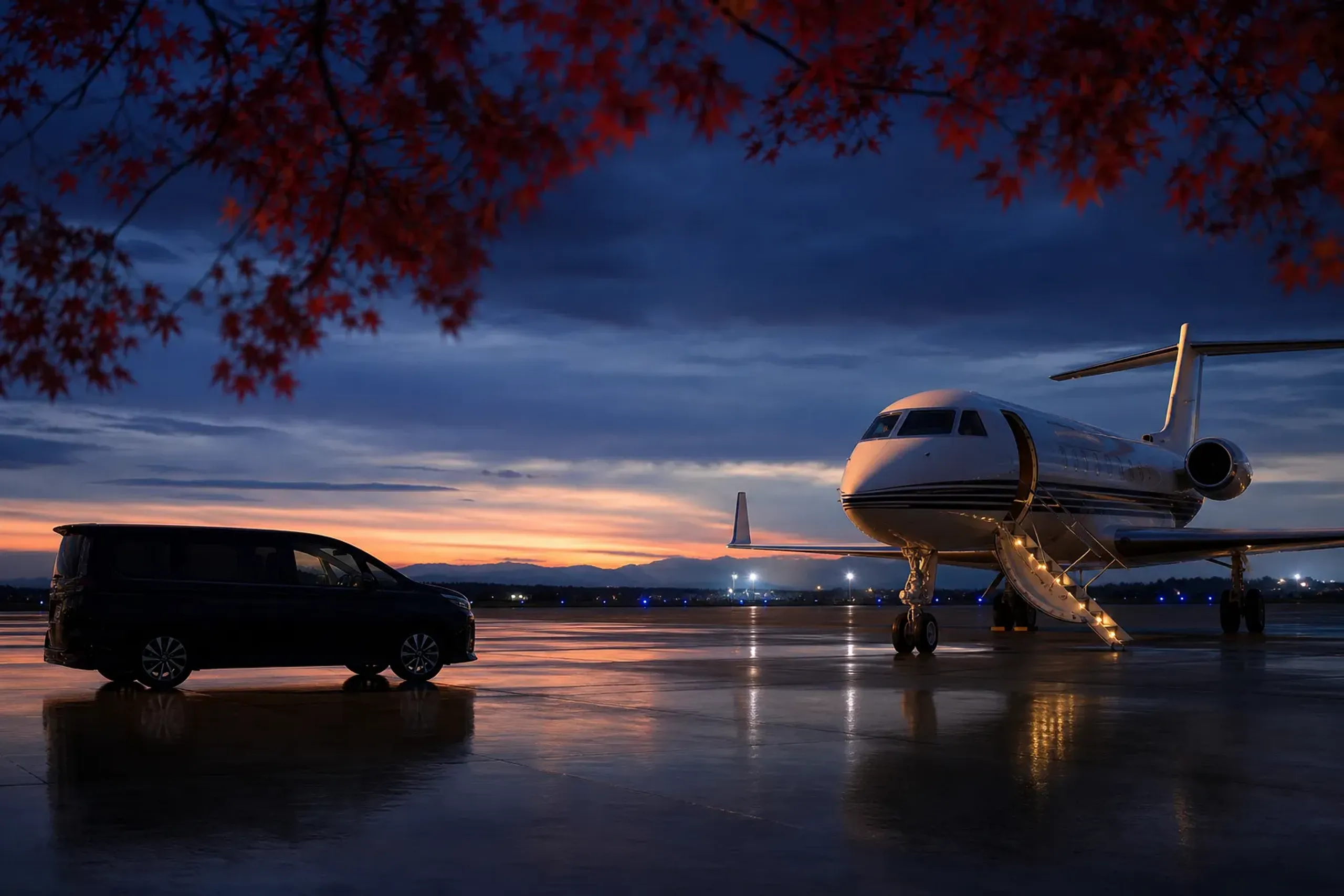 Executive minivan waiting beside a private aircraft on a quiet Japanese tarmac at dusk