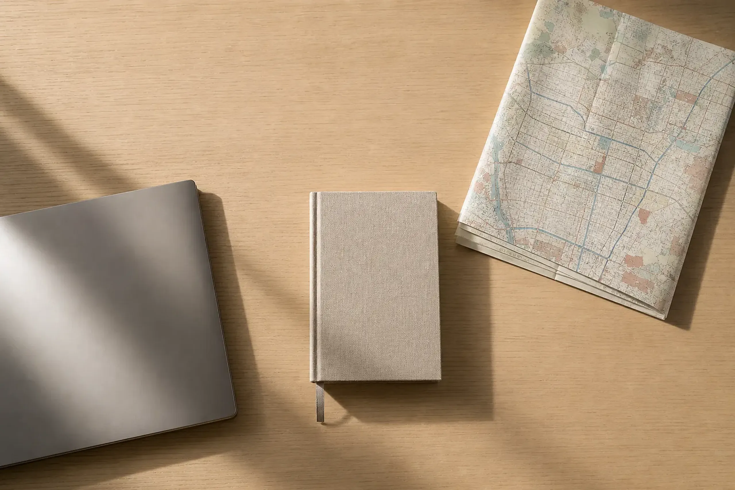 A minimalist concierge workspace with map and notebook representing controlled information flow