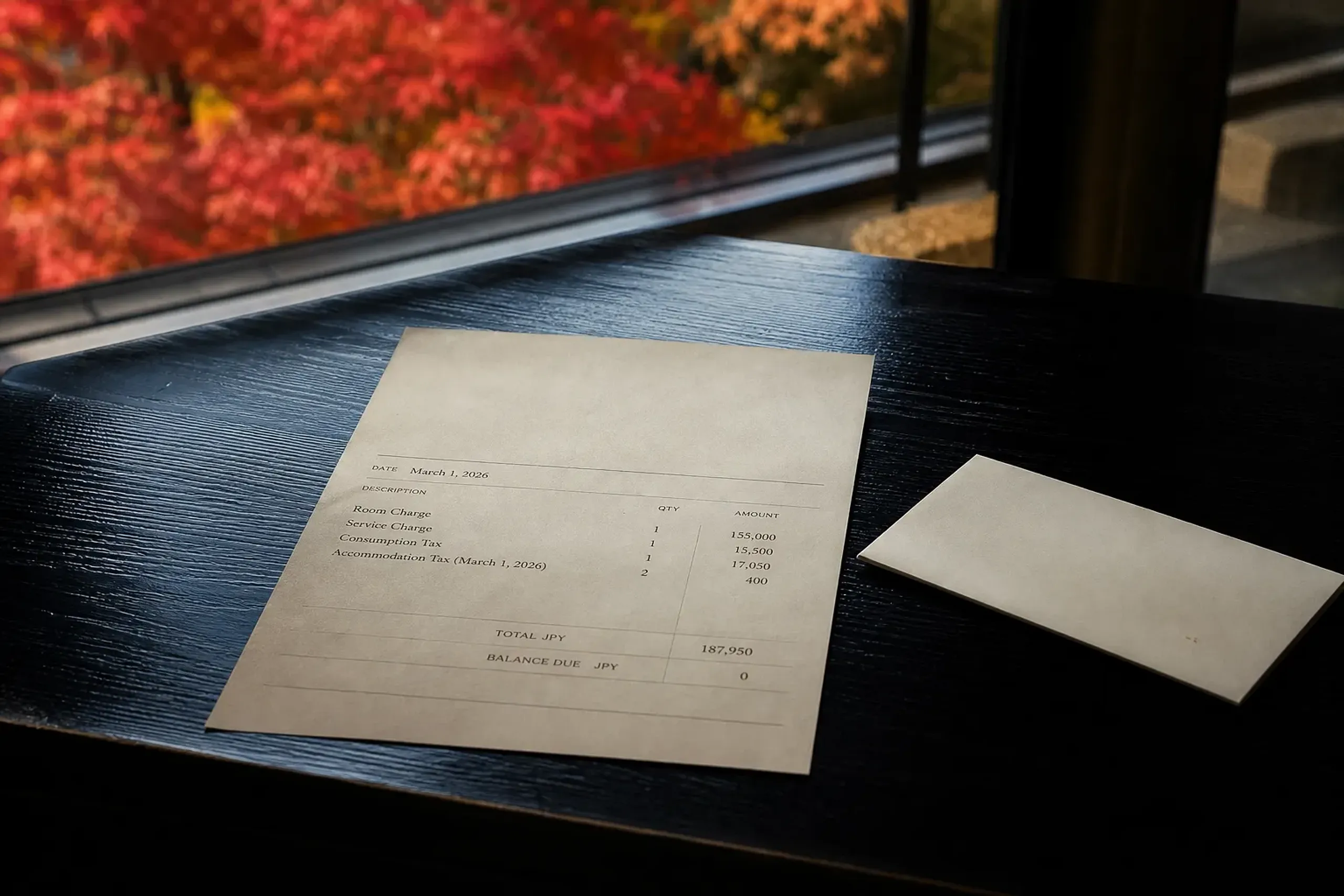 a discreet printed hotel invoice for a high-tier Kyoto suite showing the March 1, 2026 accommodation tax line item, resting on a dark lacquered front-desk counter beside a blank reservation card