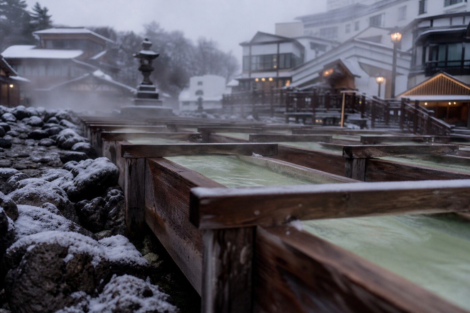 Steam rising from the Yubatake hot spring field in Kusatsu Onsen, Gunma