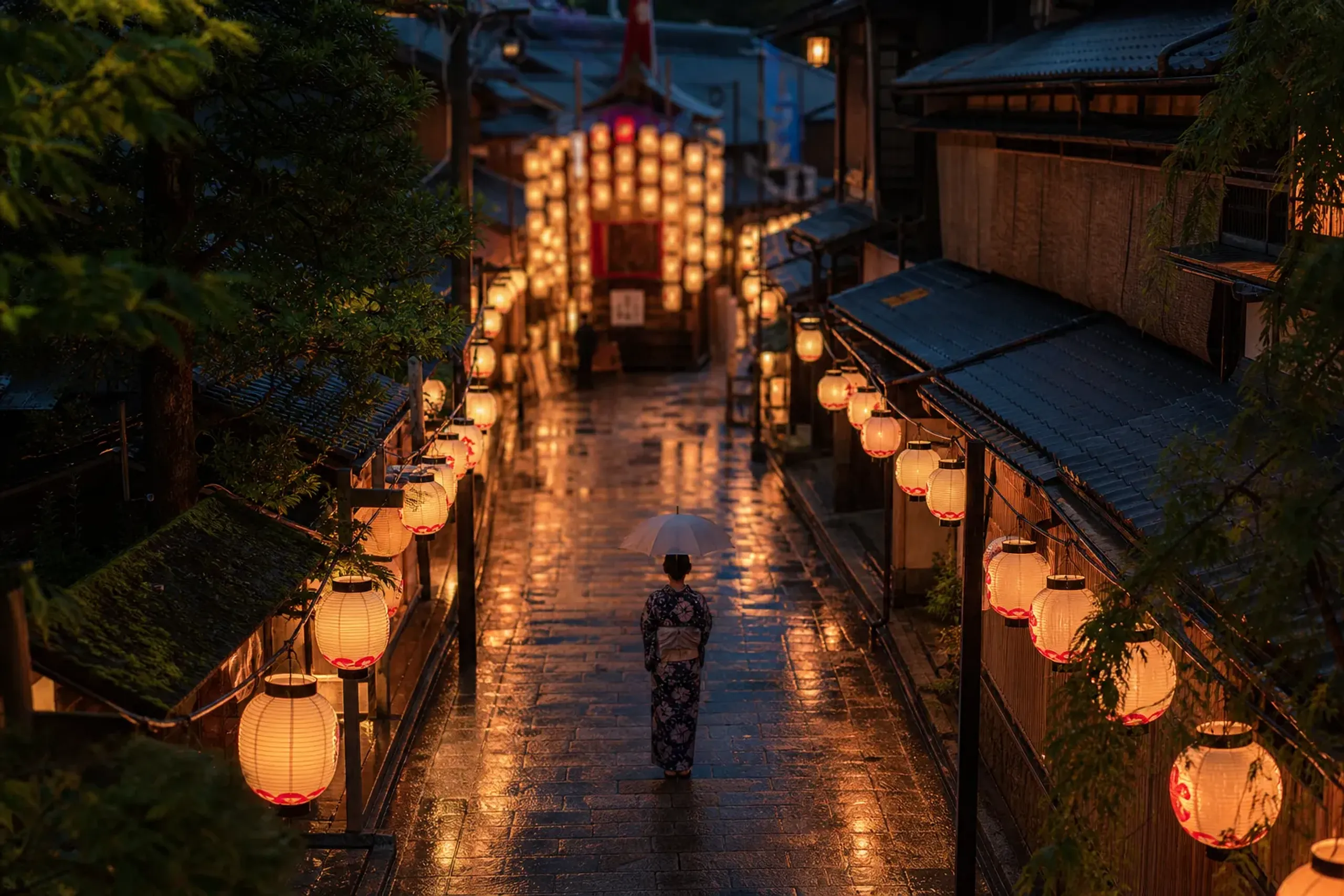 Lantern-lit Kyoto street during Gion Matsuri in July
