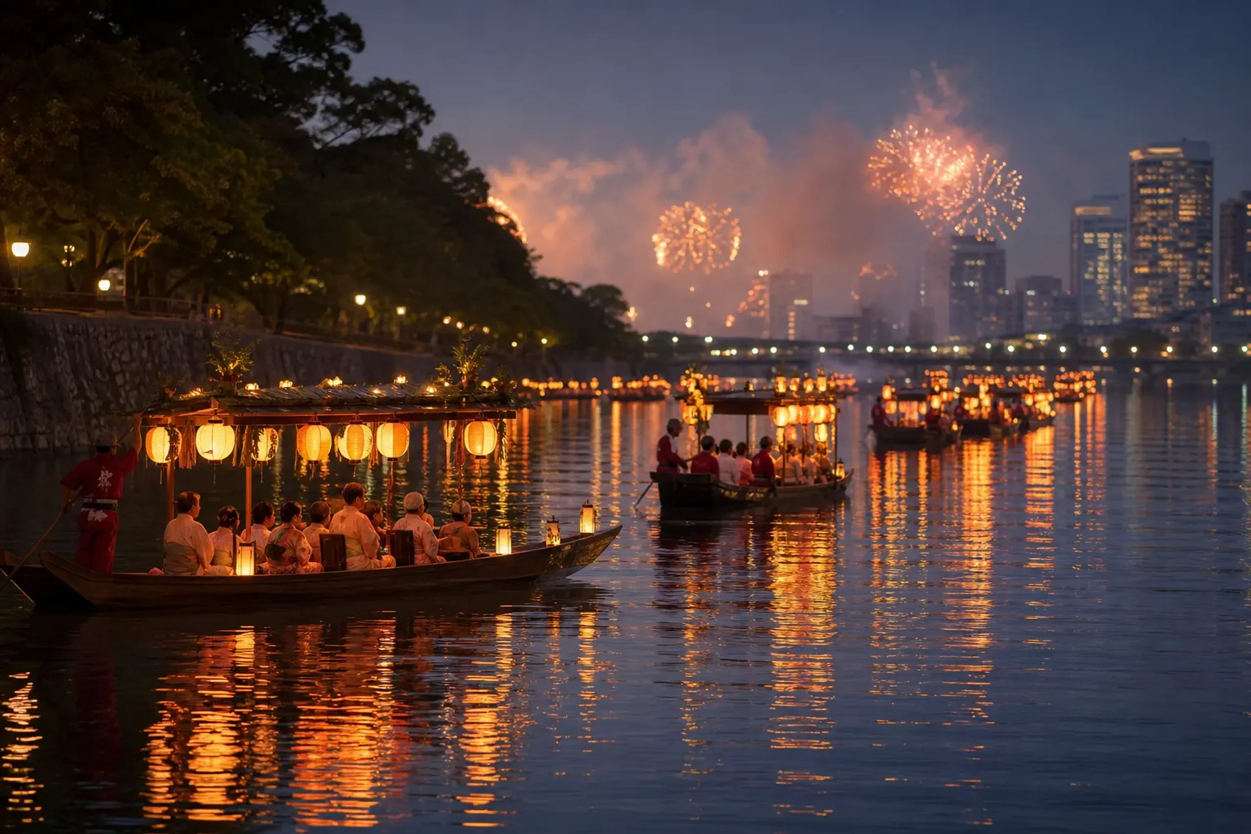 Lantern-lit boats on a river in Osaka during Tenjin Matsuri