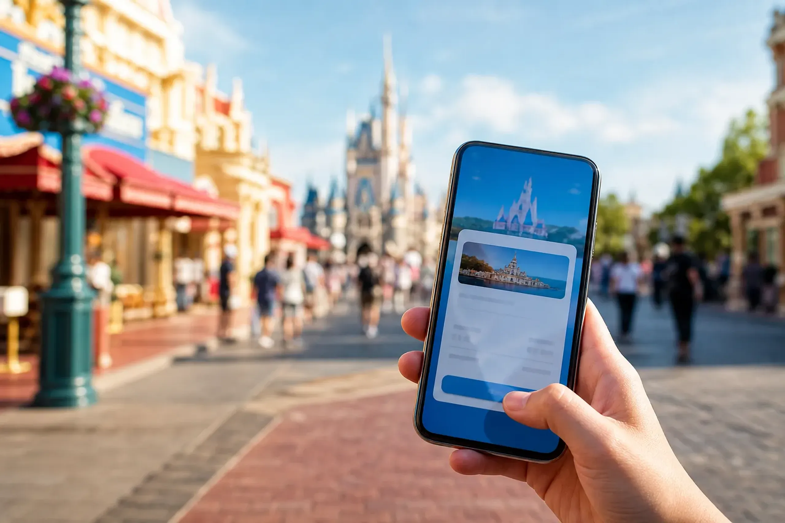 Guest checking the Tokyo Disney Resort App while walking in Tokyo Disneyland