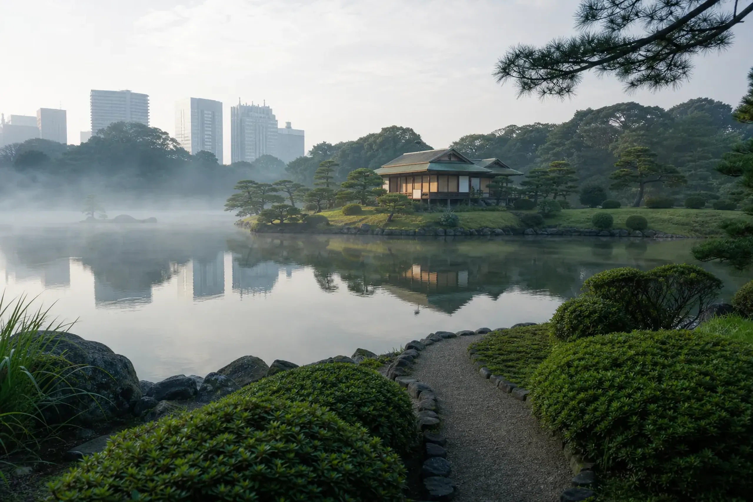 Hama-rikyu Gardens in Tokyo with pond and teahouse on a quiet day