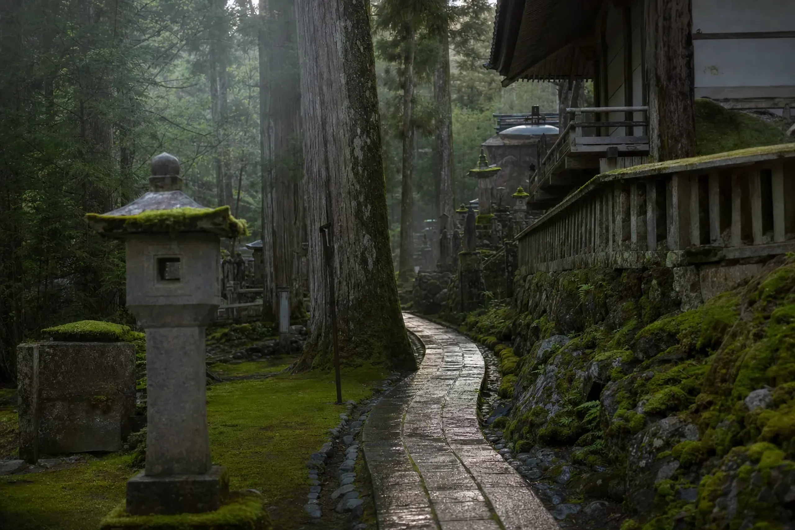 the quiet moss-lined rear approach path behind the main hall of Dazaifu Tenmangū, leading toward the older mausoleum