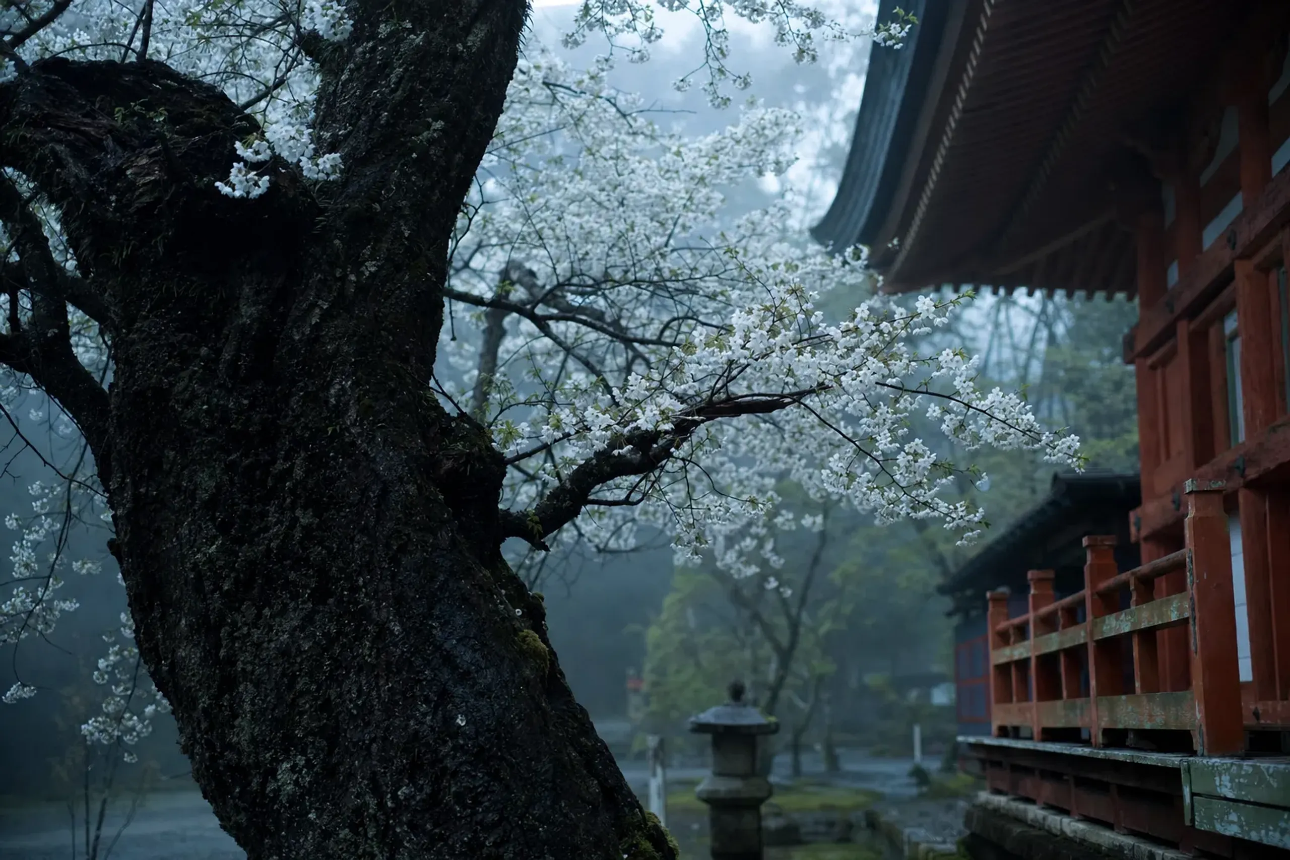 the tobiume 'flying plum' tree in full white blossom beside the main hall of Dazaifu Tenmangū