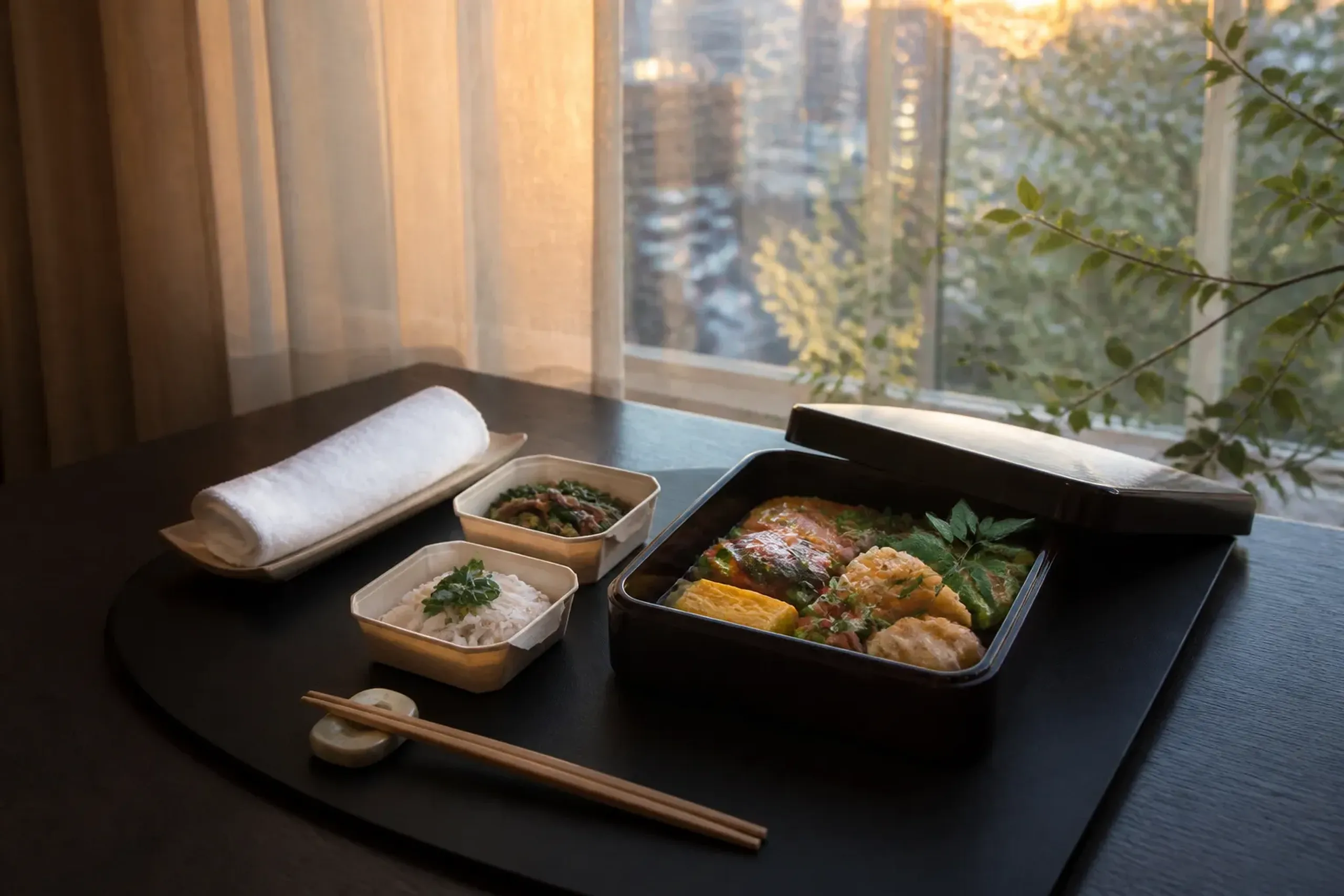 Depachika takeaway bento and side dishes arranged on a hotel room table