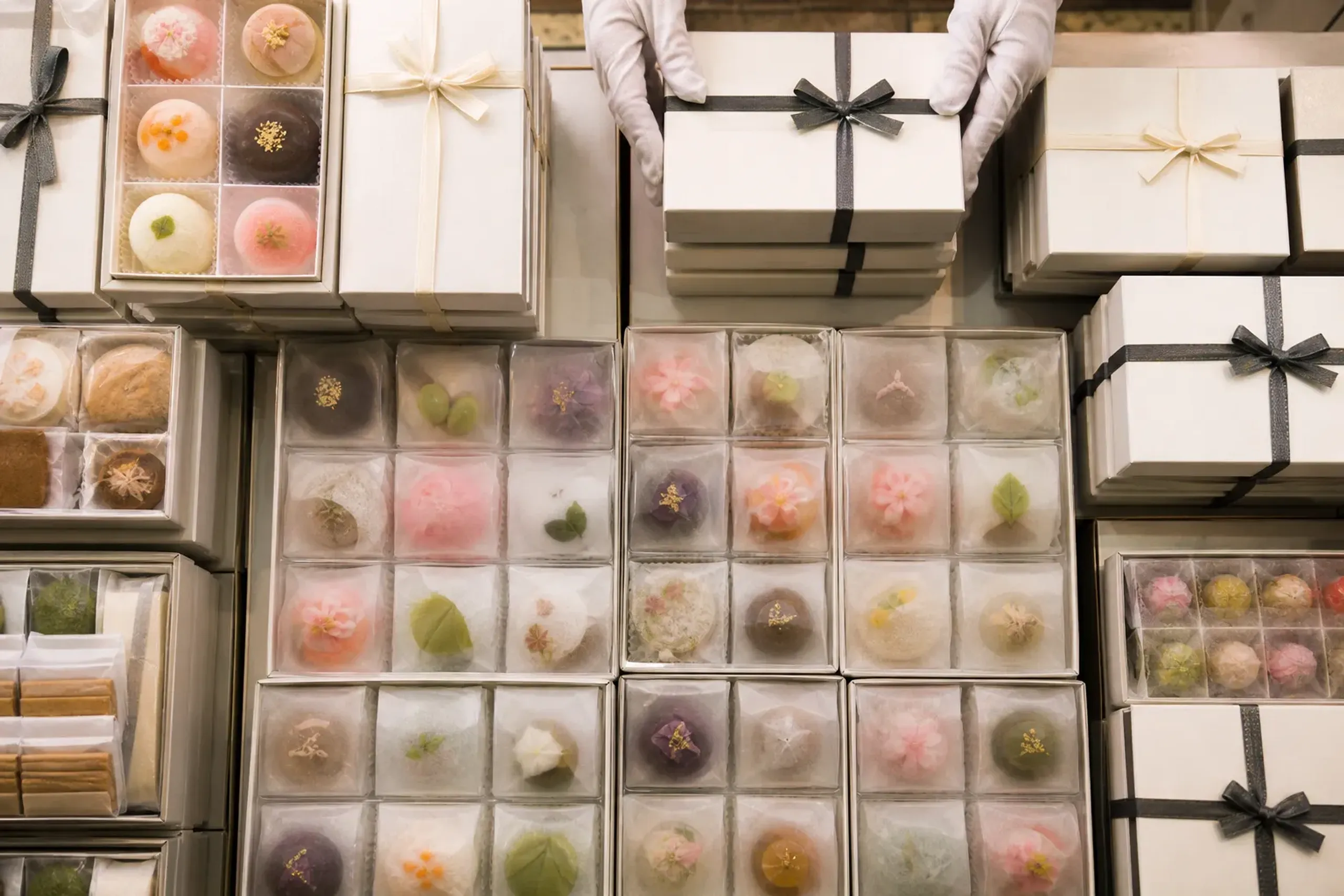 A depachika confectionery counter display of individually boxed wagashi and immaculate omiyage-style gift assortments, stacked in crisp white paper boxes with careful ribbon wrapping, shot from above