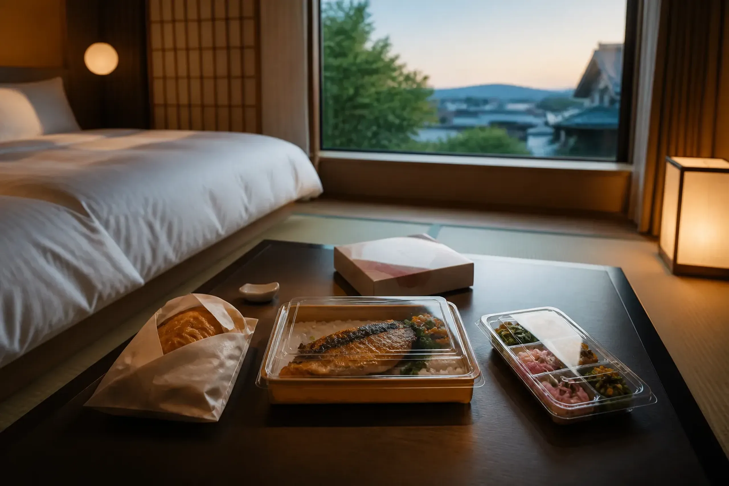 An arrival-night hotel room setup featuring a depachika takeaway spread arranged on a low table: a neatly packed grilled fish bento, a small deli side in a clear compartment tray, a bakery item in a p
