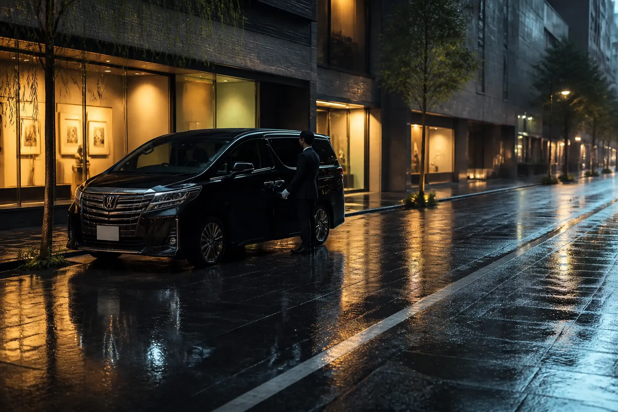 Executive minivan and chauffeur waiting on a quiet Ginza street at dusk with lit gallery windows