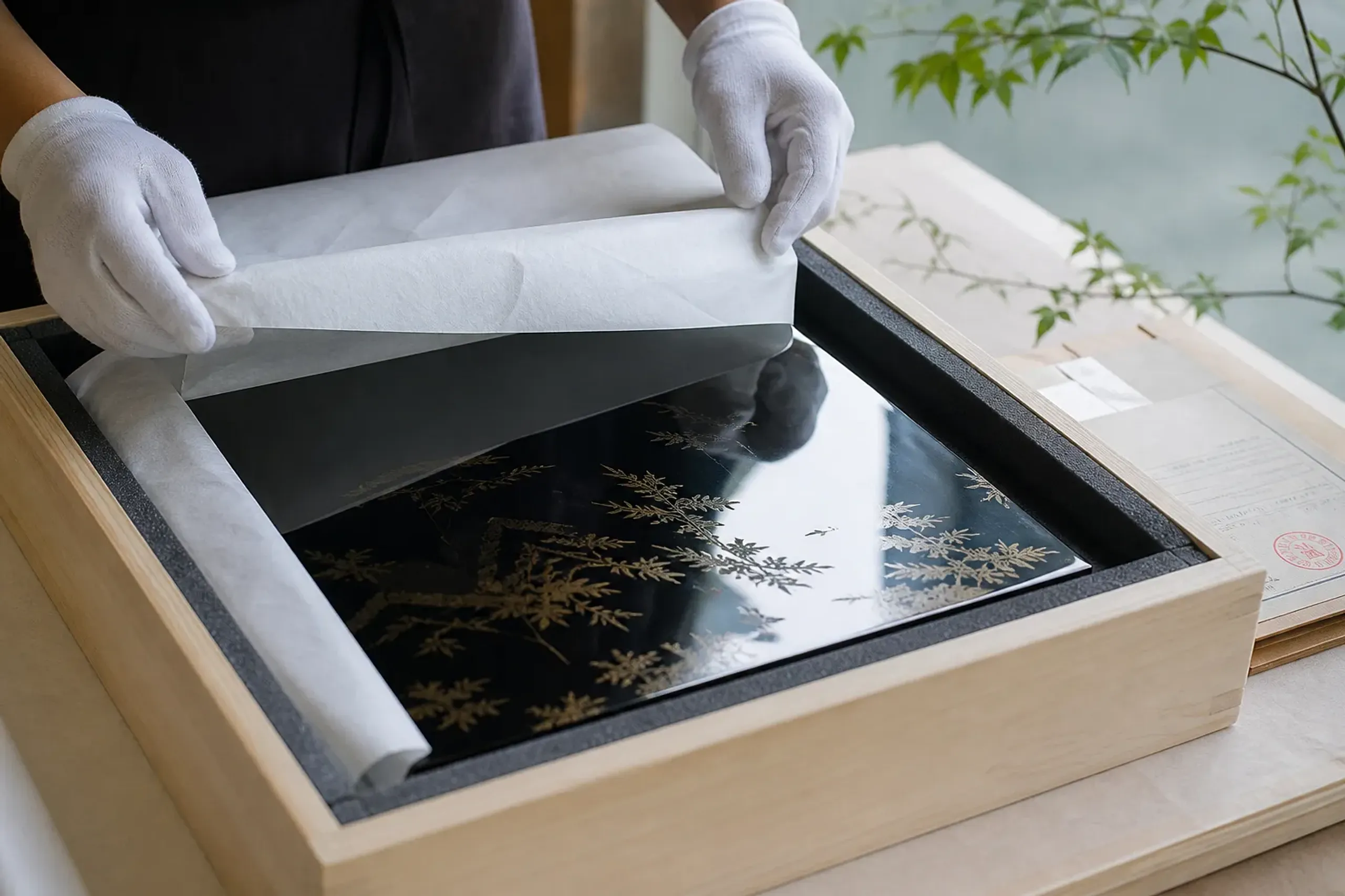 Gloved hands building a custom wooden crate around a lacquer panel with export documents on a workbench