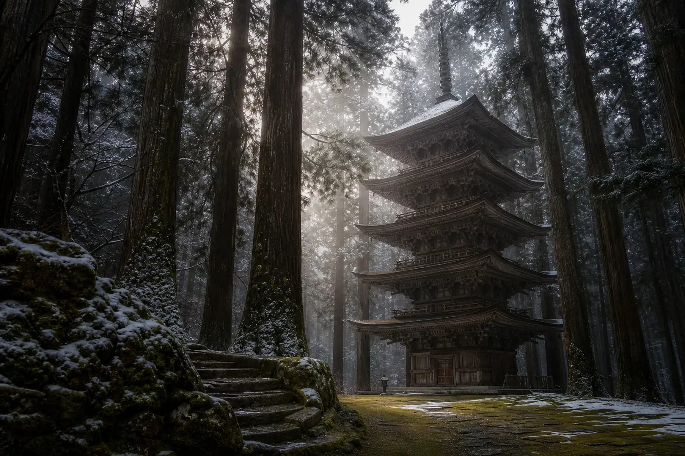 Five-story wooden pagoda surrounded by tall trees in a dense forest, with moss-covered ground and stone steps nearby