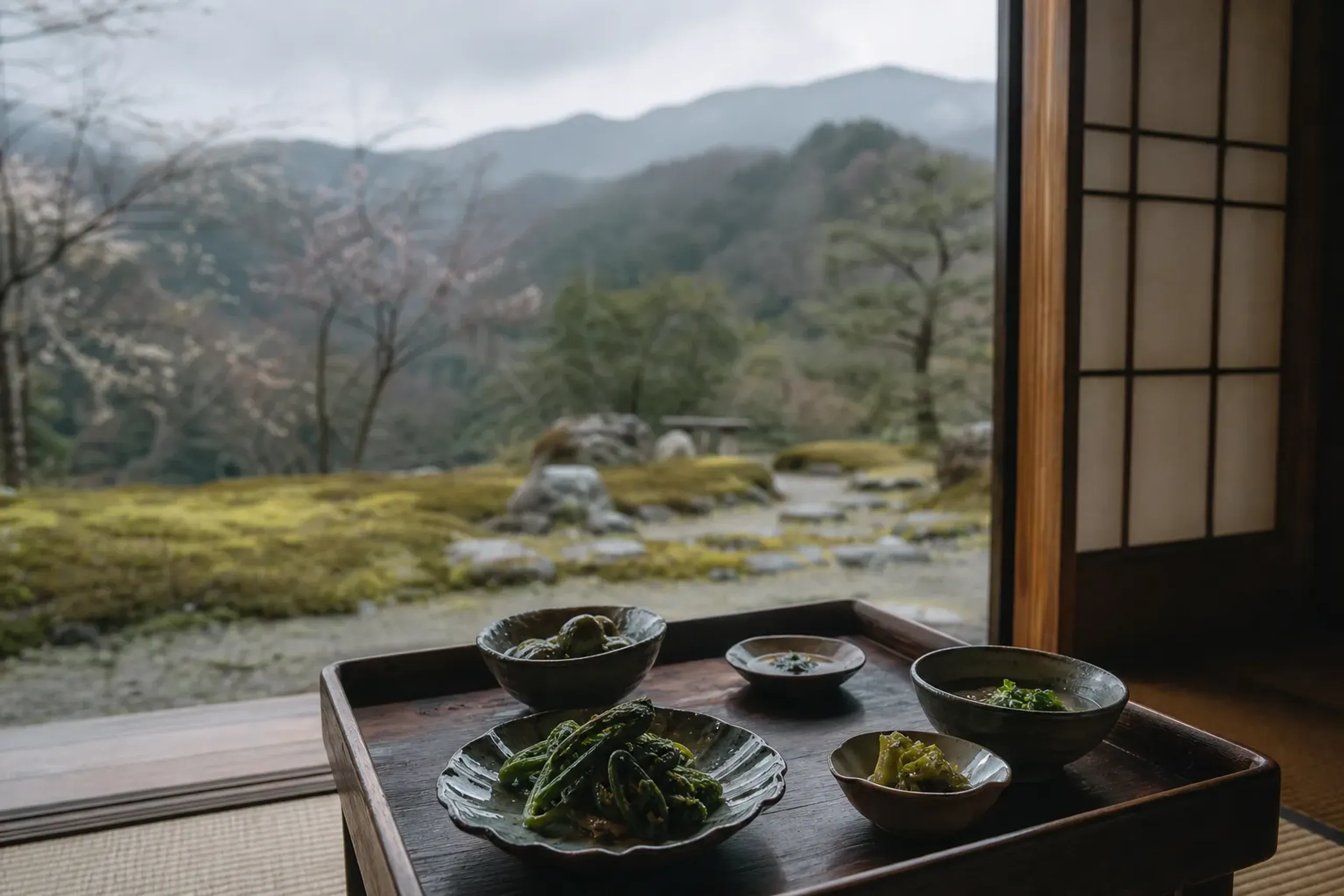 Traditional Japanese meal served on a wooden tray in a tatami room with a garden view outside the sliding doors.