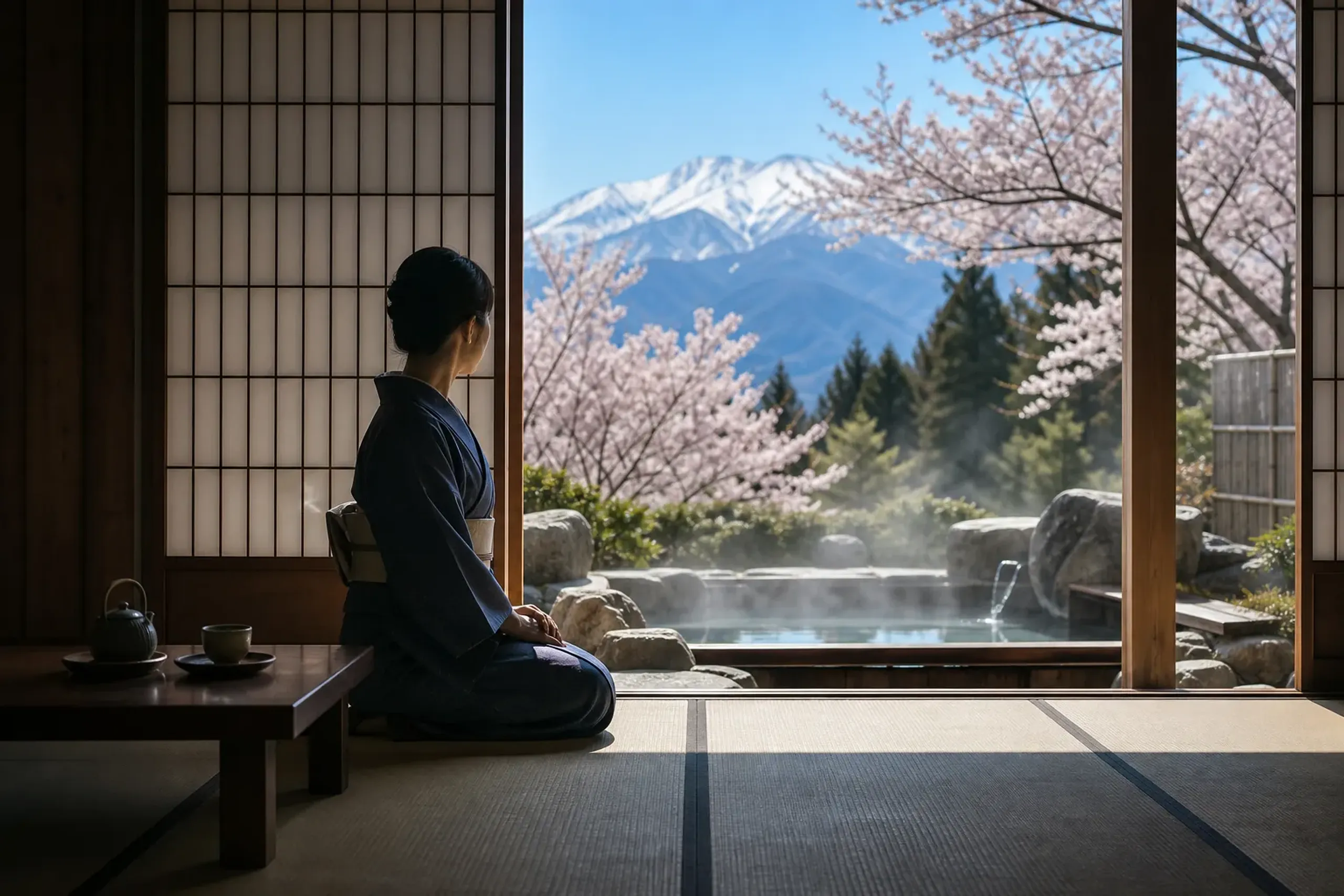 Woman in a kimono sitting on a tatami mat inside a traditional Japanese room, looking toward an outdoor wooden onsen with misty mountains in the distance, tea set on a low table nearby.