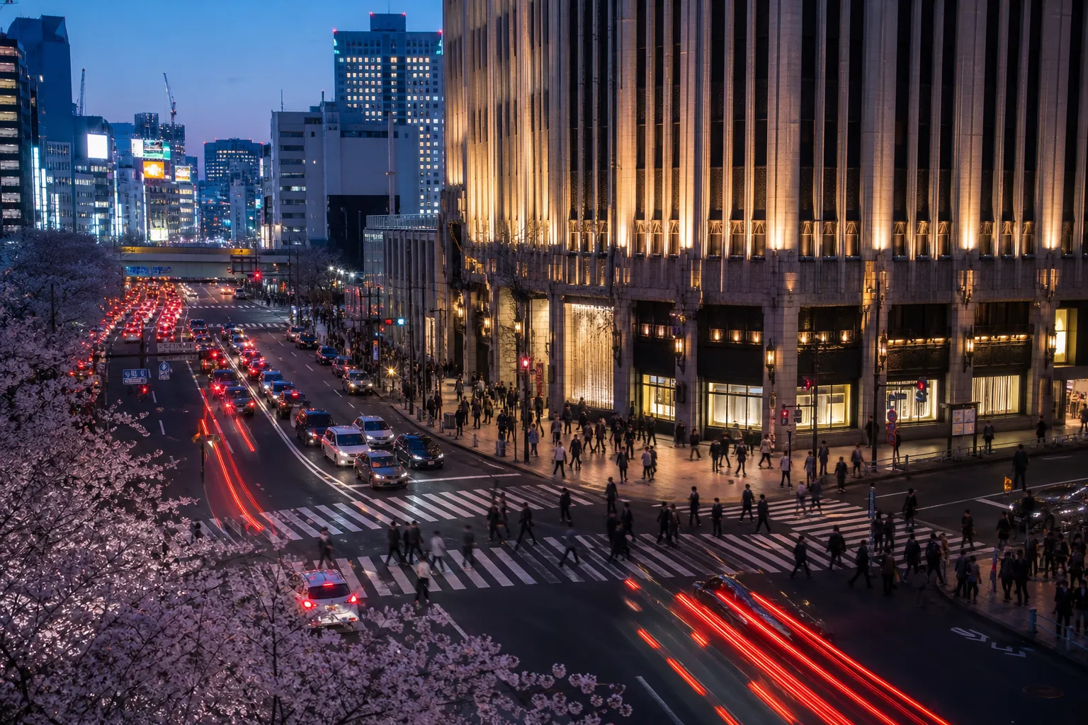 Japanese Downtown Traffic At Dusk