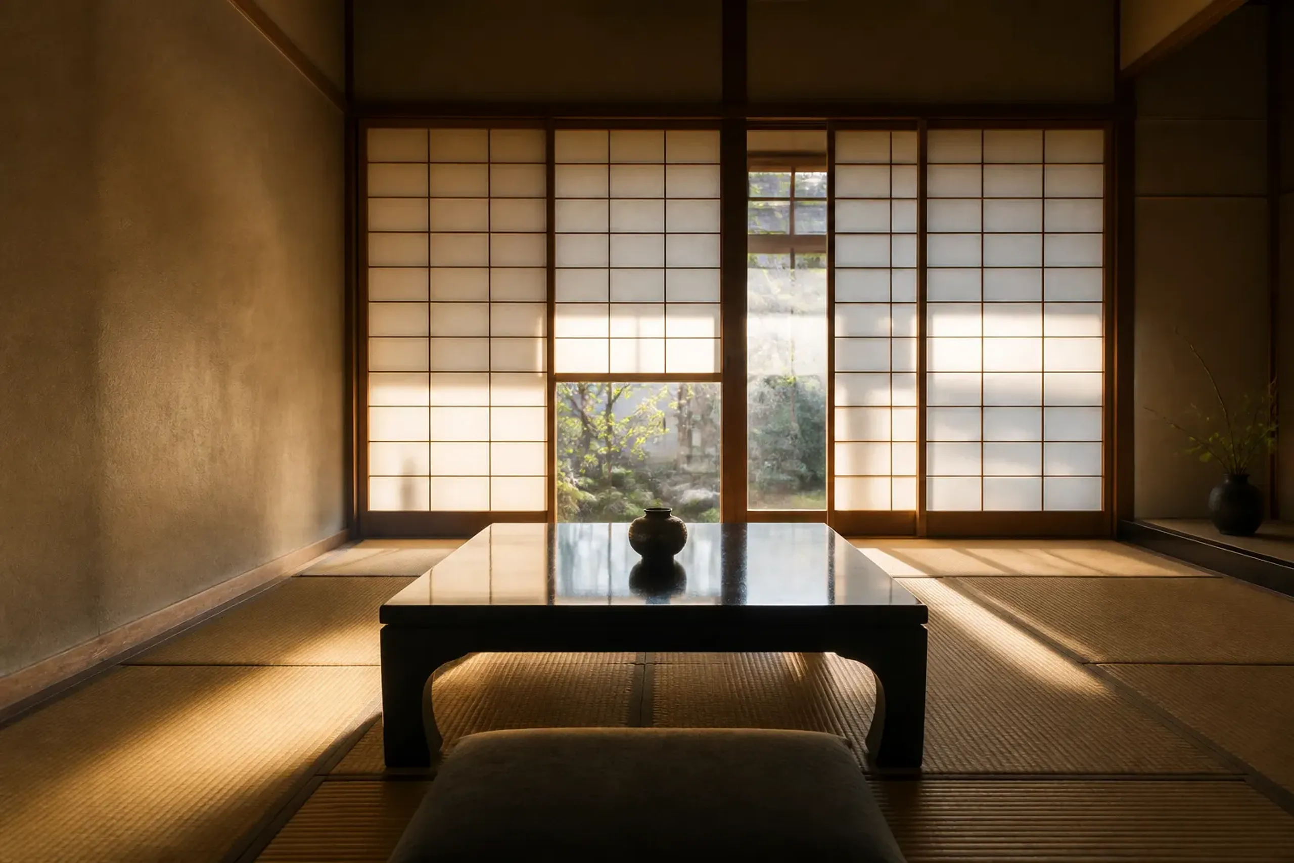 Empty modern ryokan tatami suite with shoji screens and soft natural light