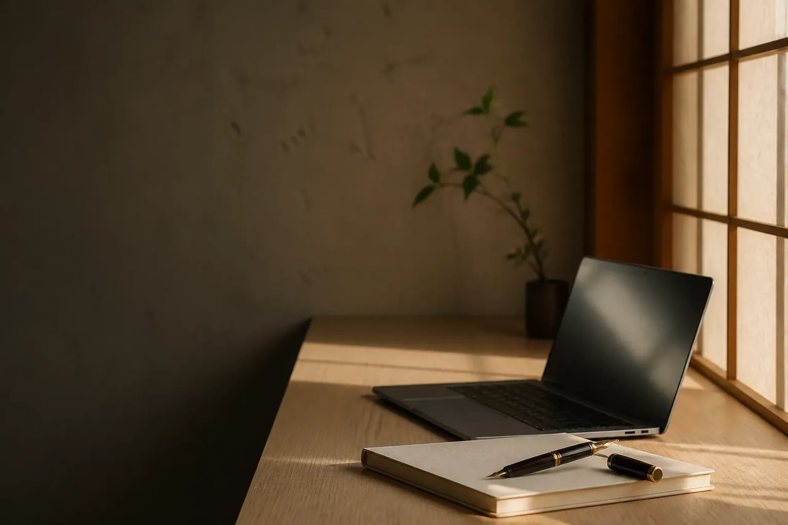 Laptop and notebook on a minimalist desk used for planning a discreet ryokan stay