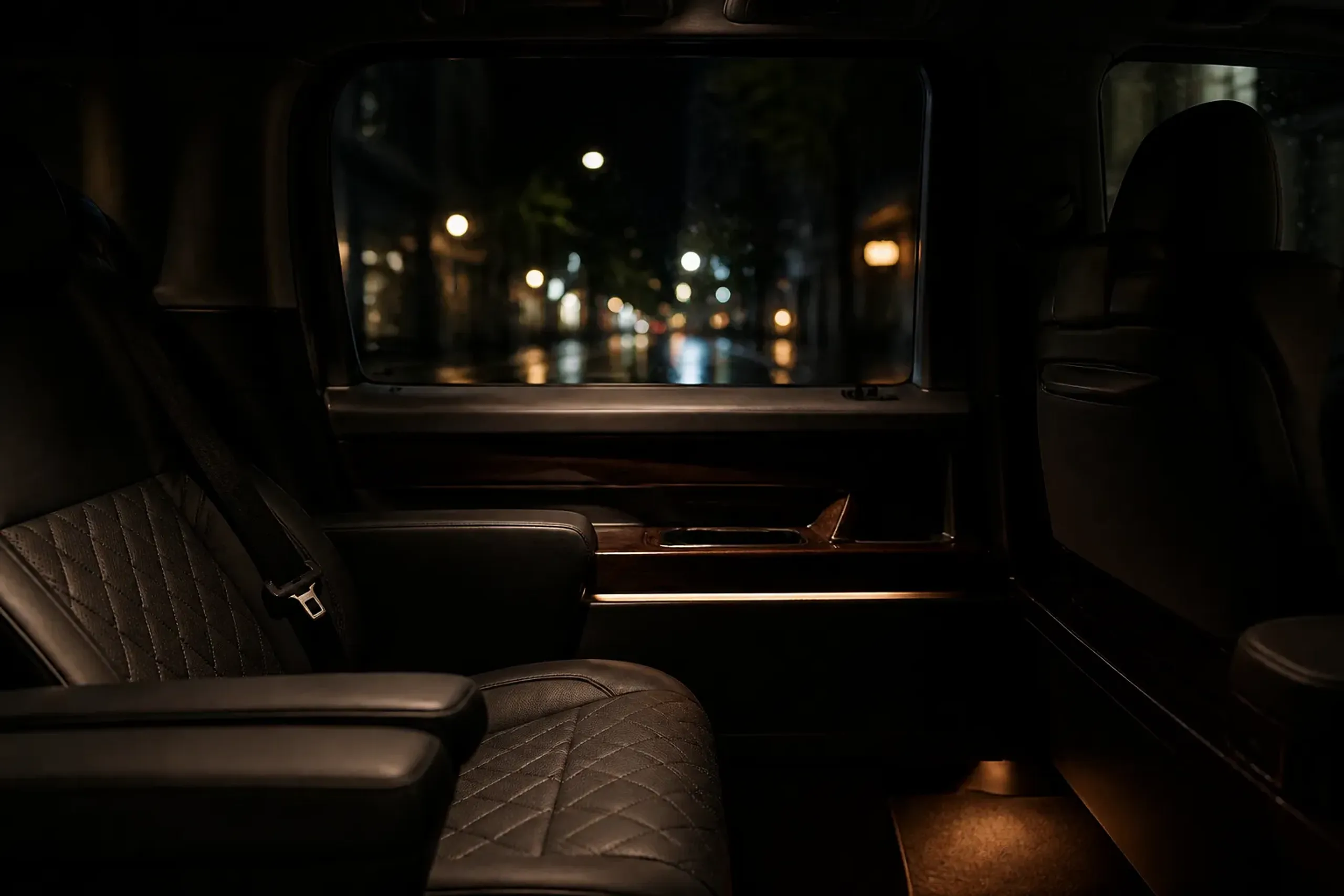 View from inside a luxury chauffeured vehicle with tinted windows on a quiet Tokyo street