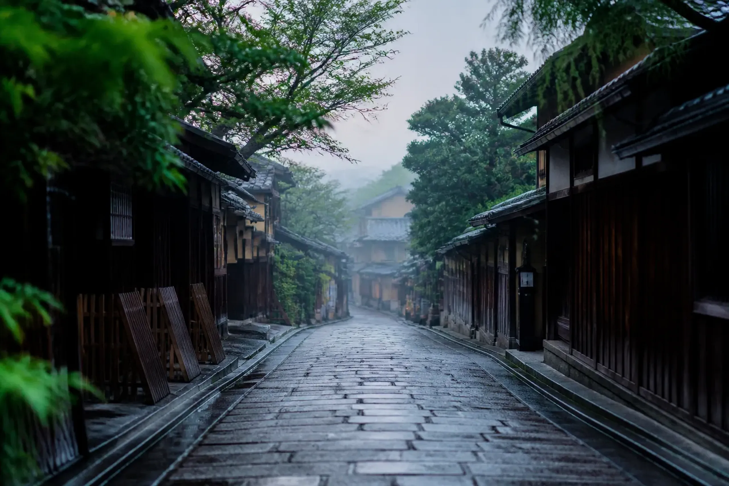 Quiet Kyoto lane at dawn with no people, illustrating discreet travel in Japan