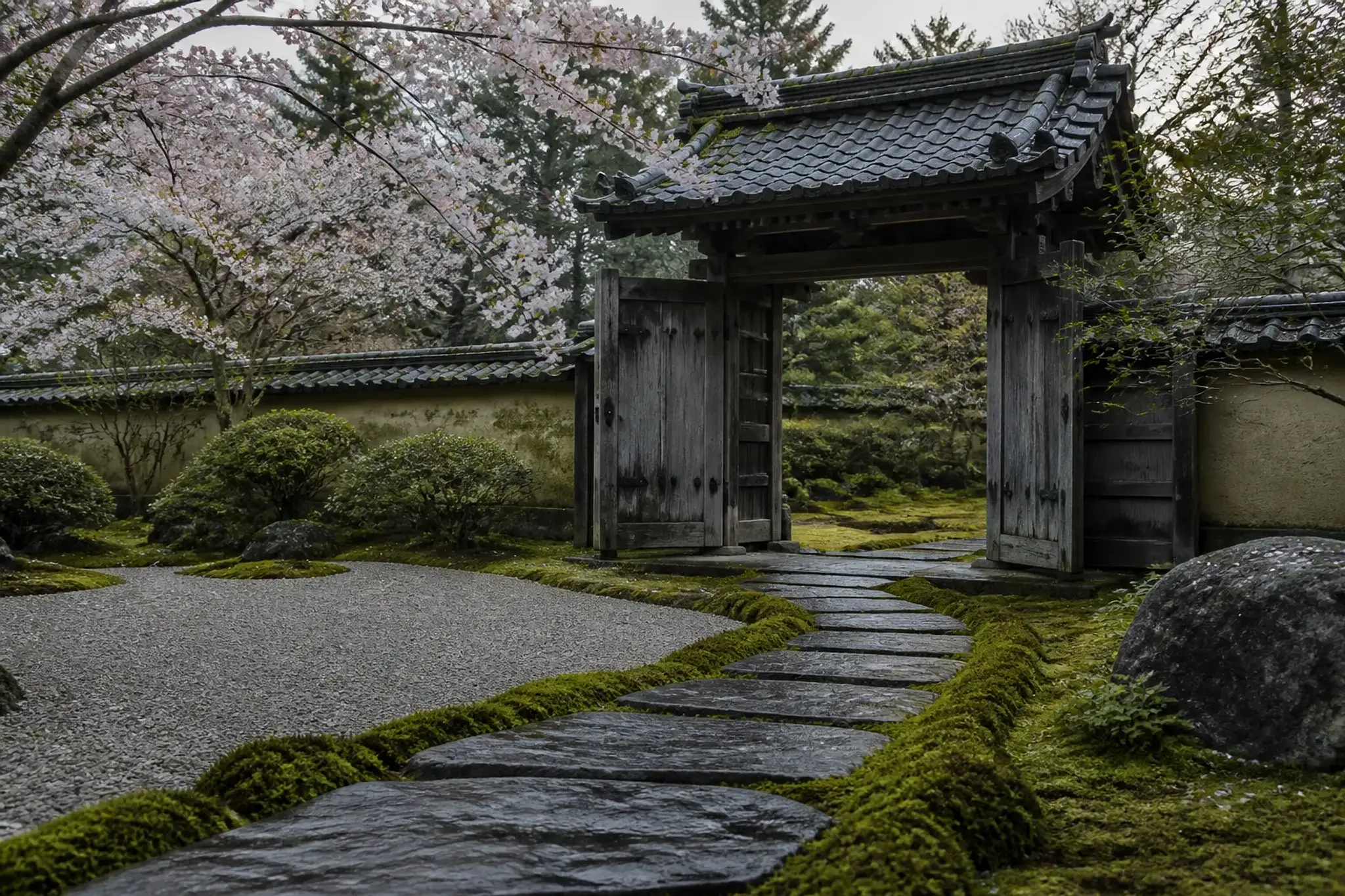 Empty stone garden path in Kyoto with moss and wooden gate, evoking calm and respectful travel