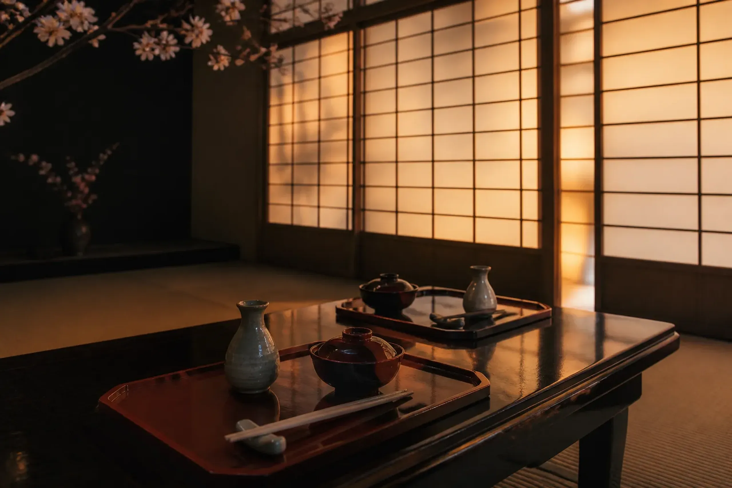Private Japanese in-room dining setting with low table and shoji screens, no people