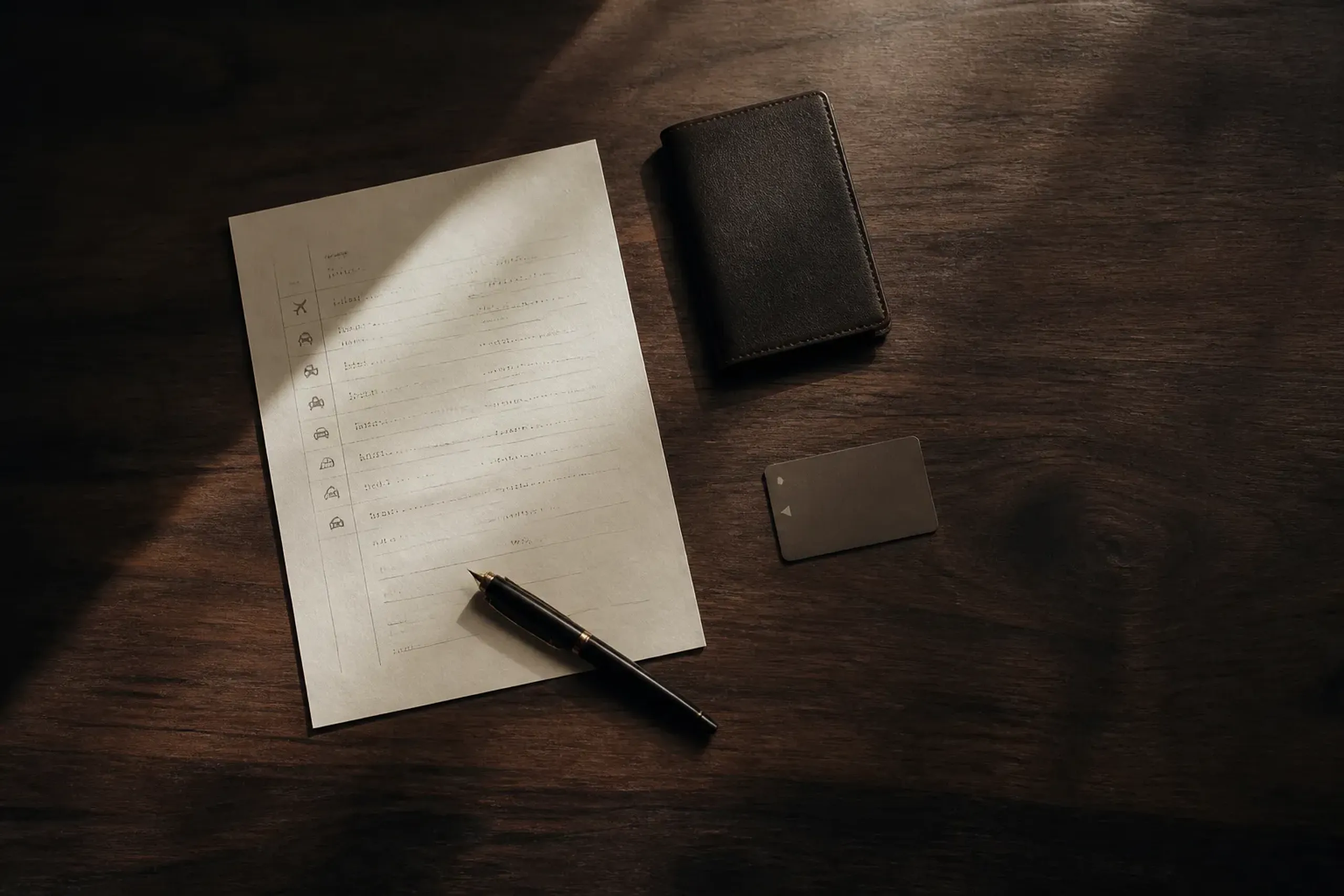 Discreet travel planning desk with itinerary paper, pen, and key card, no personal data visible