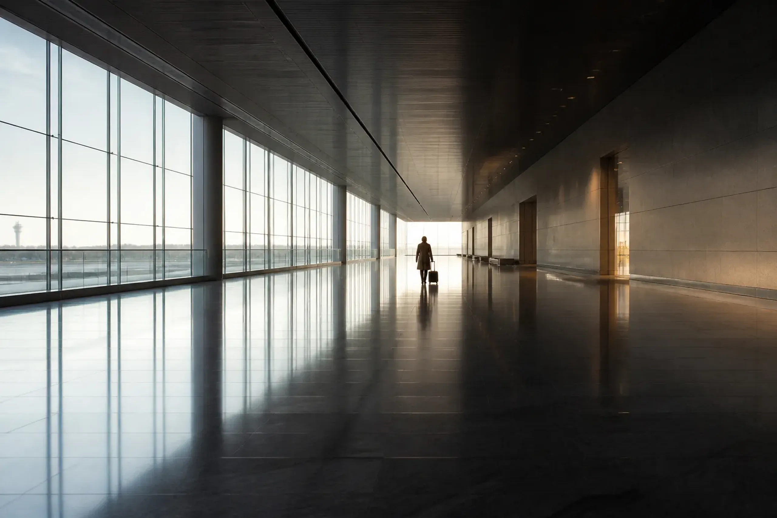 Nearly empty Japanese airport arrivals corridor in soft morning light