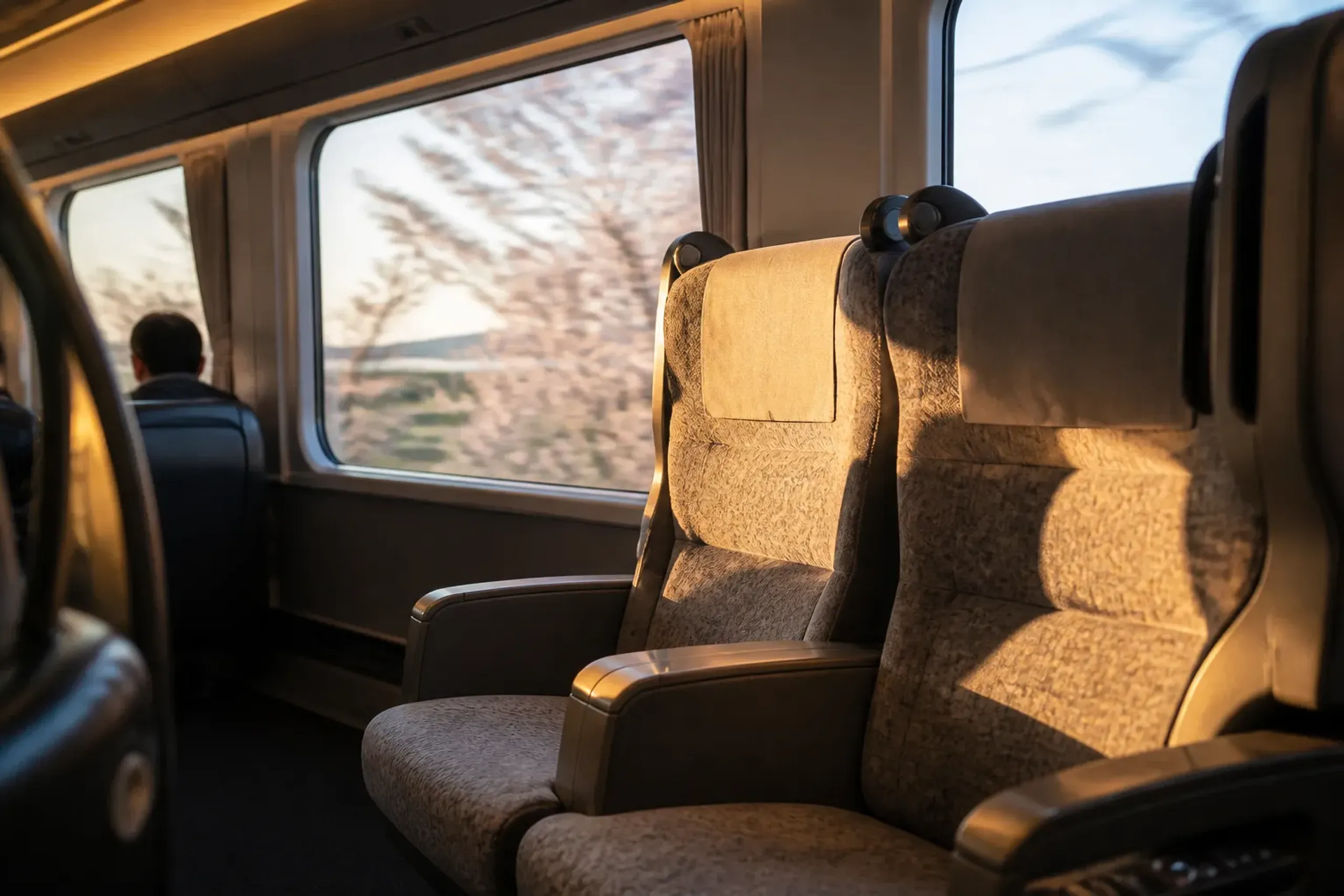 Quiet interior of a reserved Green Car Shinkansen carriage with large windows